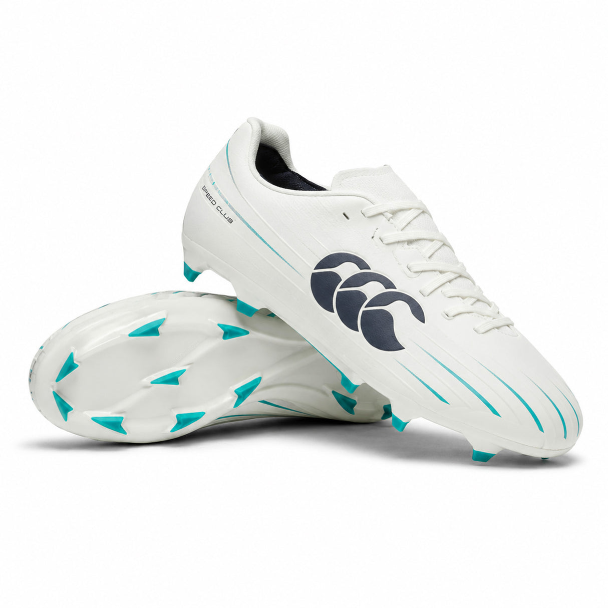 A pair of Canterbury Speed Falcon 2.0 Team FG rugby boots in white and Baltic Green, featuring a bold black Canterbury logo on the side—one boot upright, the other showcasing the sole. These lightweight firm-ground boots are designed to deliver both speed and stability for athletes seeking high performance and standout style on the pitch.