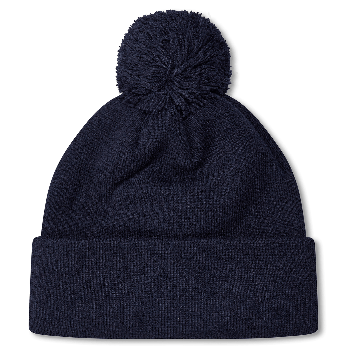 Navy knit beanie with navy pompom and cuff.