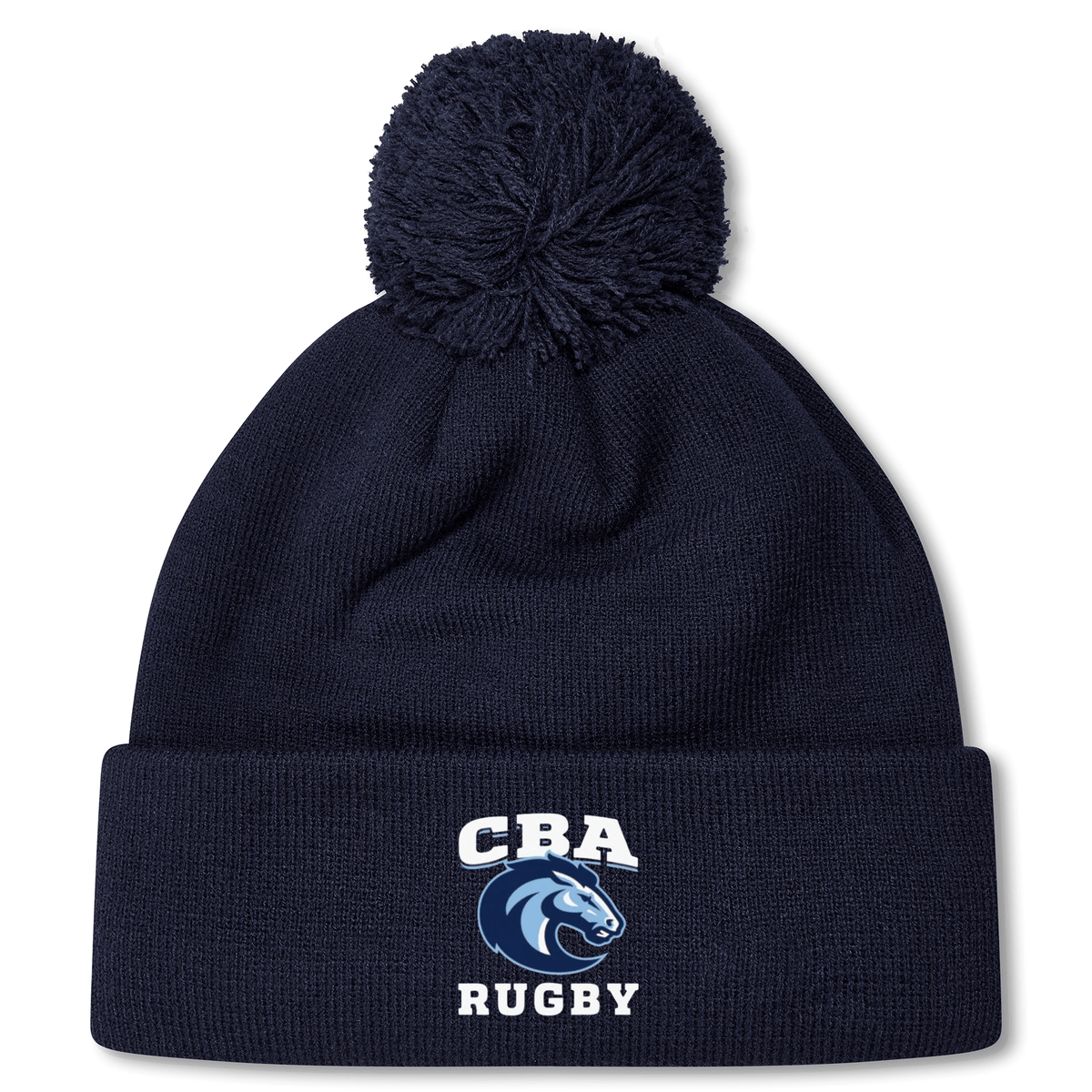 The Christian Brothers Academy Rugby Pom Pom Beanie by Canterbury, in navy with a fun pom-pom, displays the "CBA Rugby" logo. This EMB Canterbury product blends style and warmth for rugby fans.