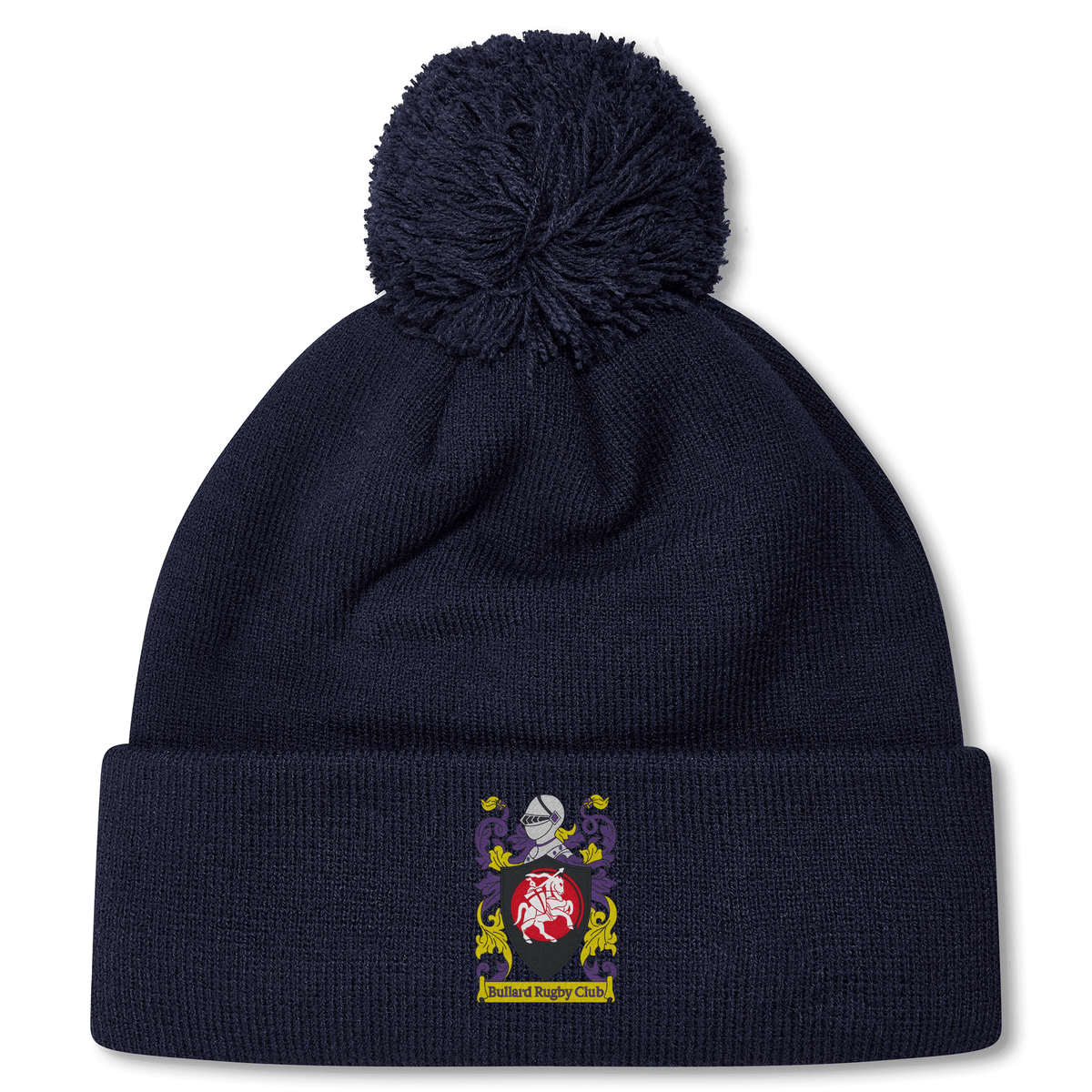 The CenCal Youth Bullard Pom Pom Beanie by Canterbury is a navy blue fleece-lined knit hat that features a playful pom-pom and an embroidered crest logo of EMB Canterbury Rugby on the front, making it the perfect accessory for chilly days.
