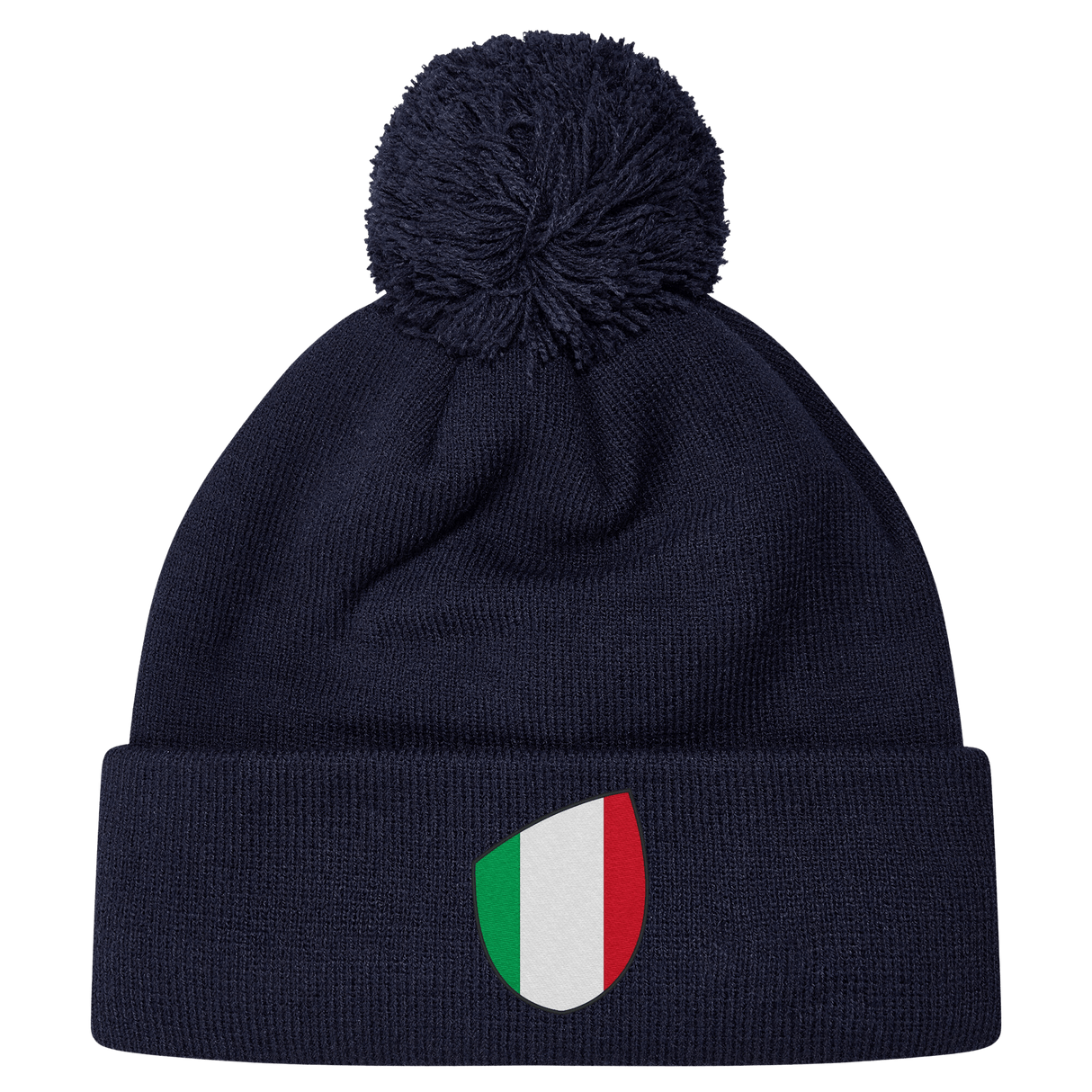 The newly released navy blue Italy Shield Pom Pom Beanie from EMB Canterbury features a striking shield emblem on the front.