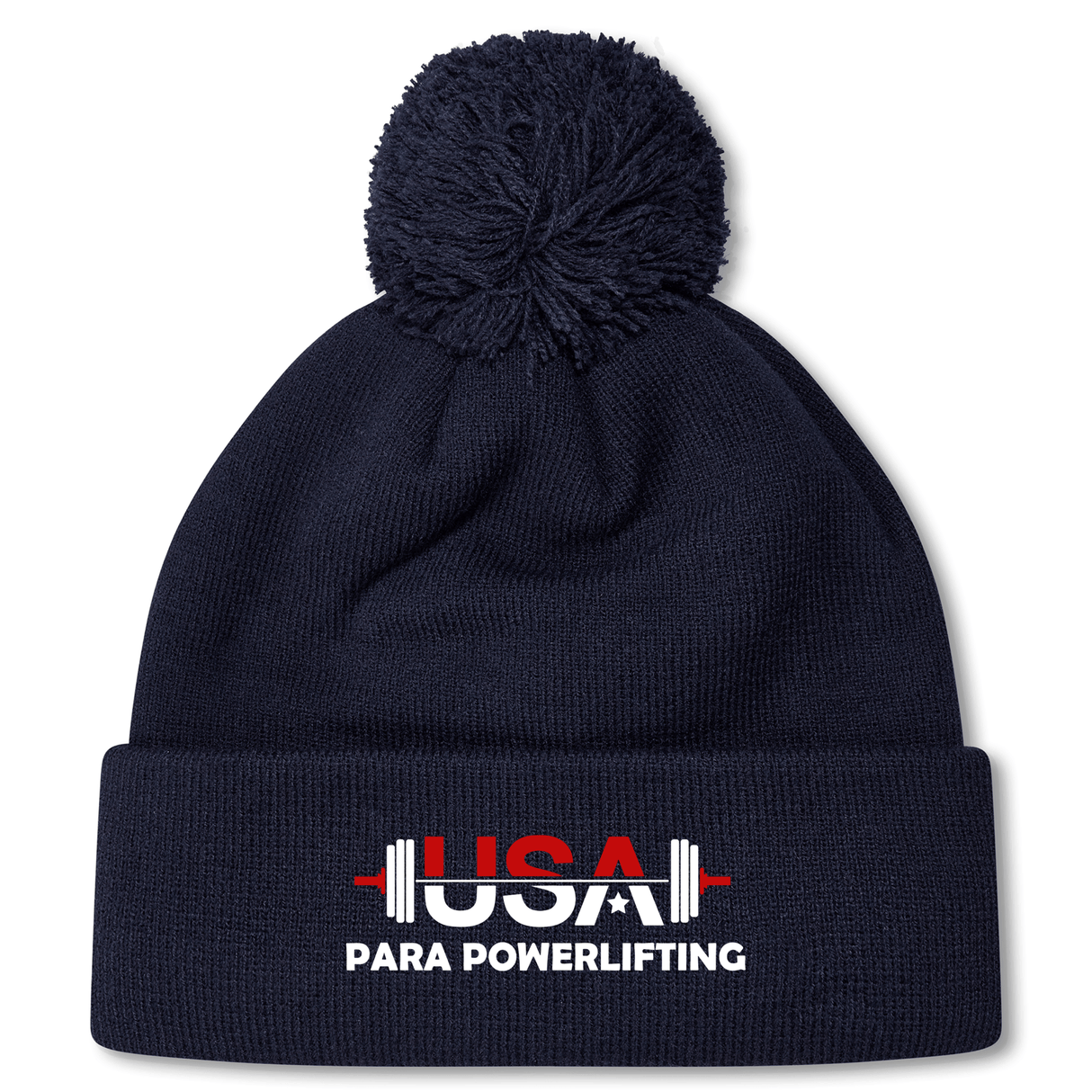 The USA Para Powerlifting Pom Pom Beanie by EMB Canterbury is a navy blue knit beanie with a pom-pom, featuring "USA PARA POWERLIFTING" and a barbell on the front cuff, inspired by classic Rugby style.