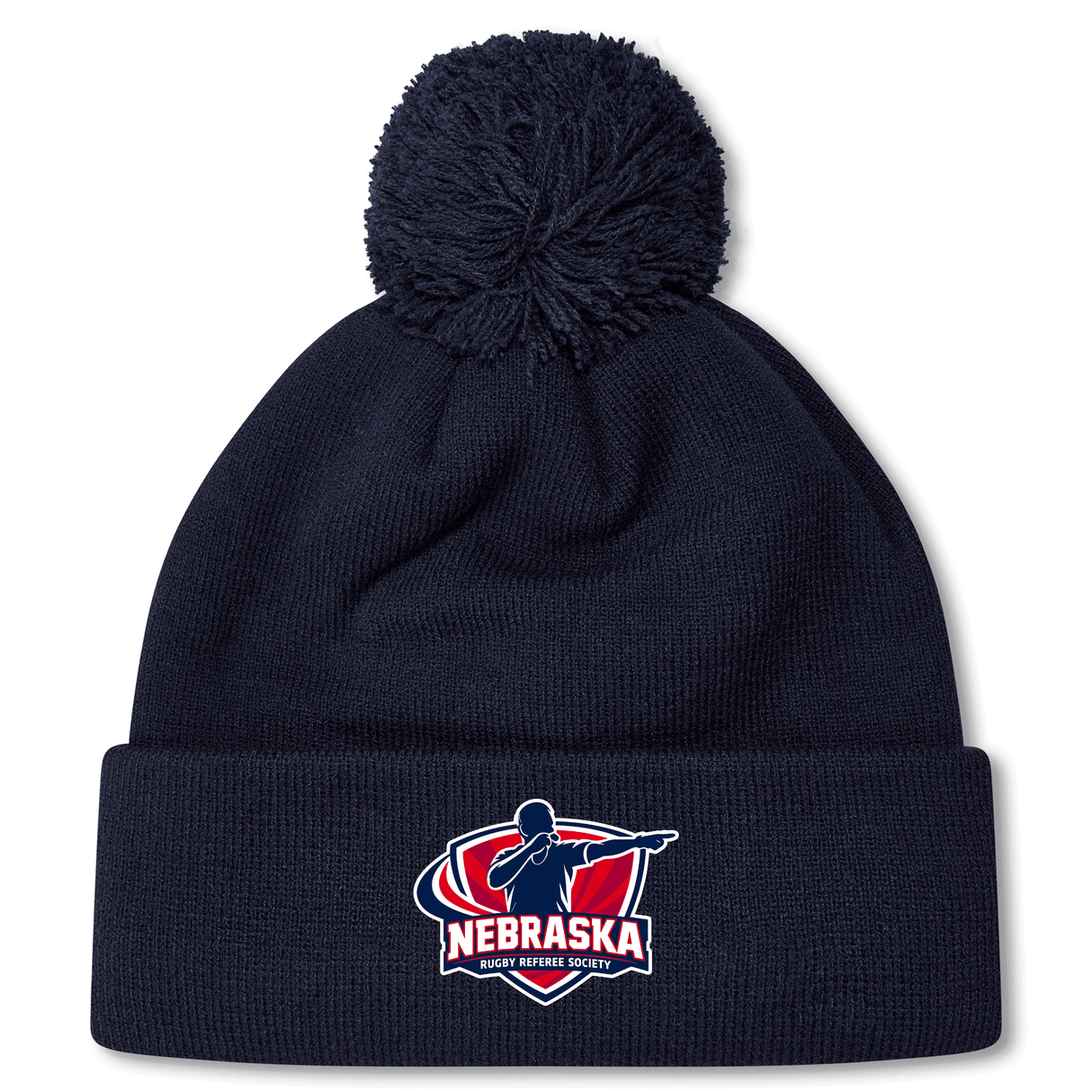 Stay warm at the match with the Nebraska Rugby Referee Society Pom Pom Beanie by EMB Canterbury, featuring a navy design, pom-pom top, and front logo patch.