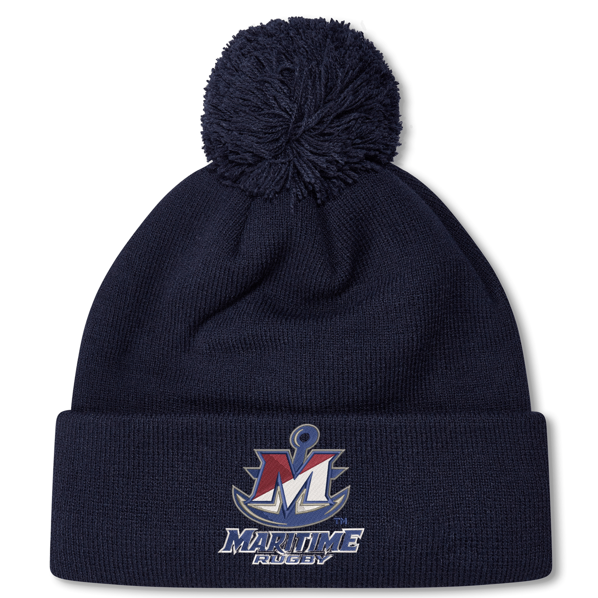 Navy blue SUNY Maritime Men’s Rugby Pom Pom Beanie by Canterbury with a matching pom-pom and an embroidered “Maritime Rugby” logo on the front.