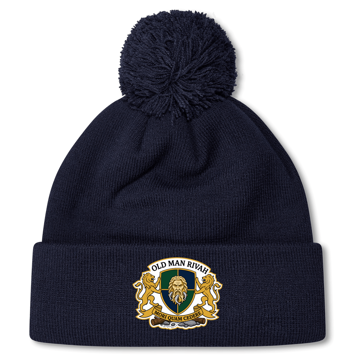 The Old Man Rivah Rugby Pom Pom Beanie by EMB Canterbury is a navy blue beanie with a pom-pom, featuring a crest on the cuff with "Old Man Rivah," "Sor Quam Glodic," and lion designs.