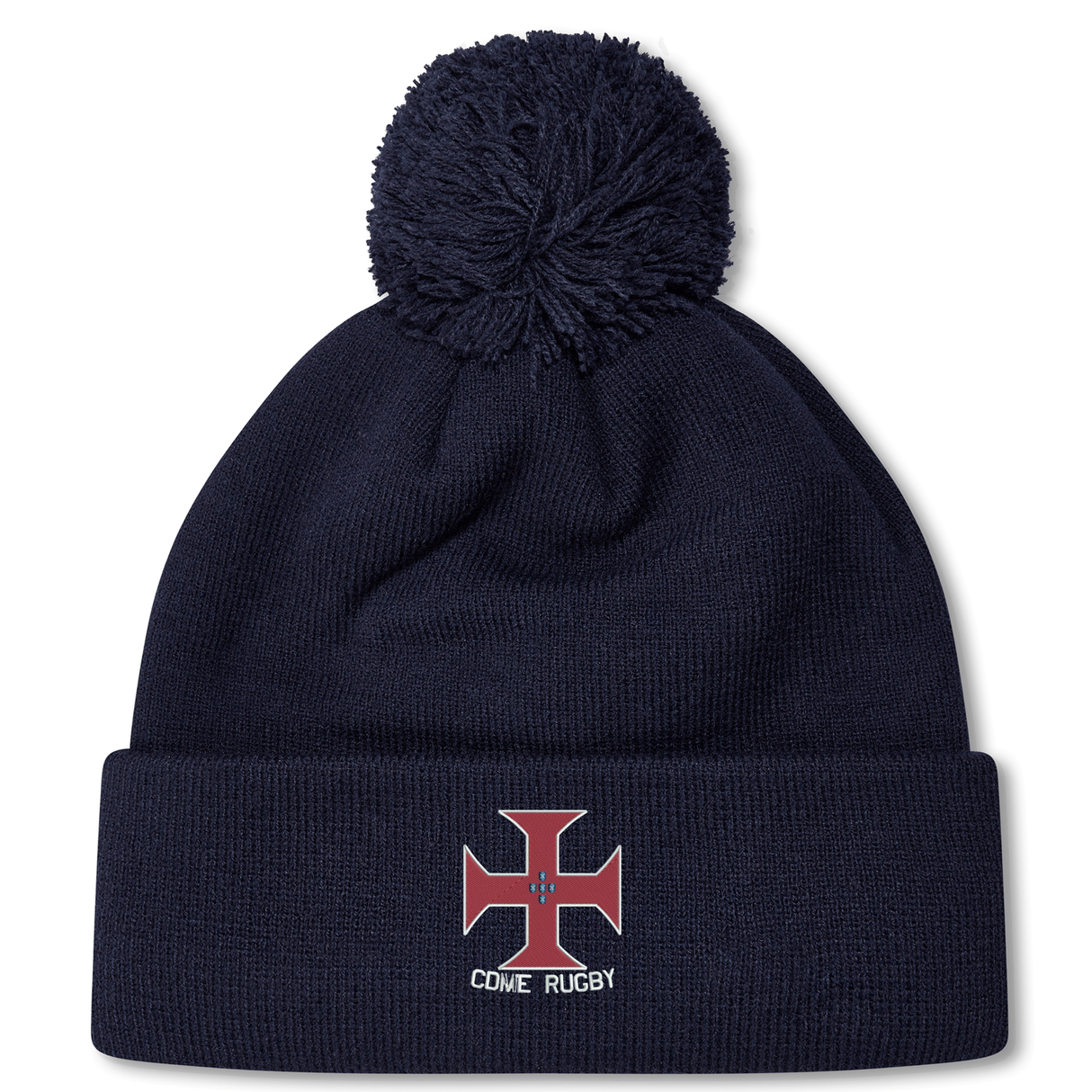Stay warm and stylish on chilly match days with the SF CDME Rugby Pom Pom Beanie by Canterbury. This cozy navy knit beanie from EMB Canterbury features a playful pom-pom on top, a red and white cross emblem, and "CDME RUGBY" text embroidered on the front—perfect for rugby fans looking to show their team spirit.