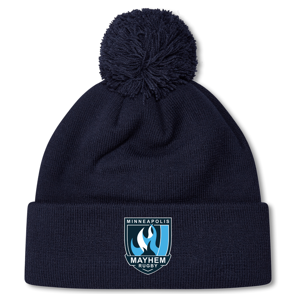 Stay warm on chilly match days with the Minneapolis Mayhem Rugby Pom Pom Beanie by EMB Canterbury. This navy blue knit beanie features a cozy fleece lining, a playful pom-pom, and the official Minneapolis Mayhem Rugby logo embroidered on the front cuff.