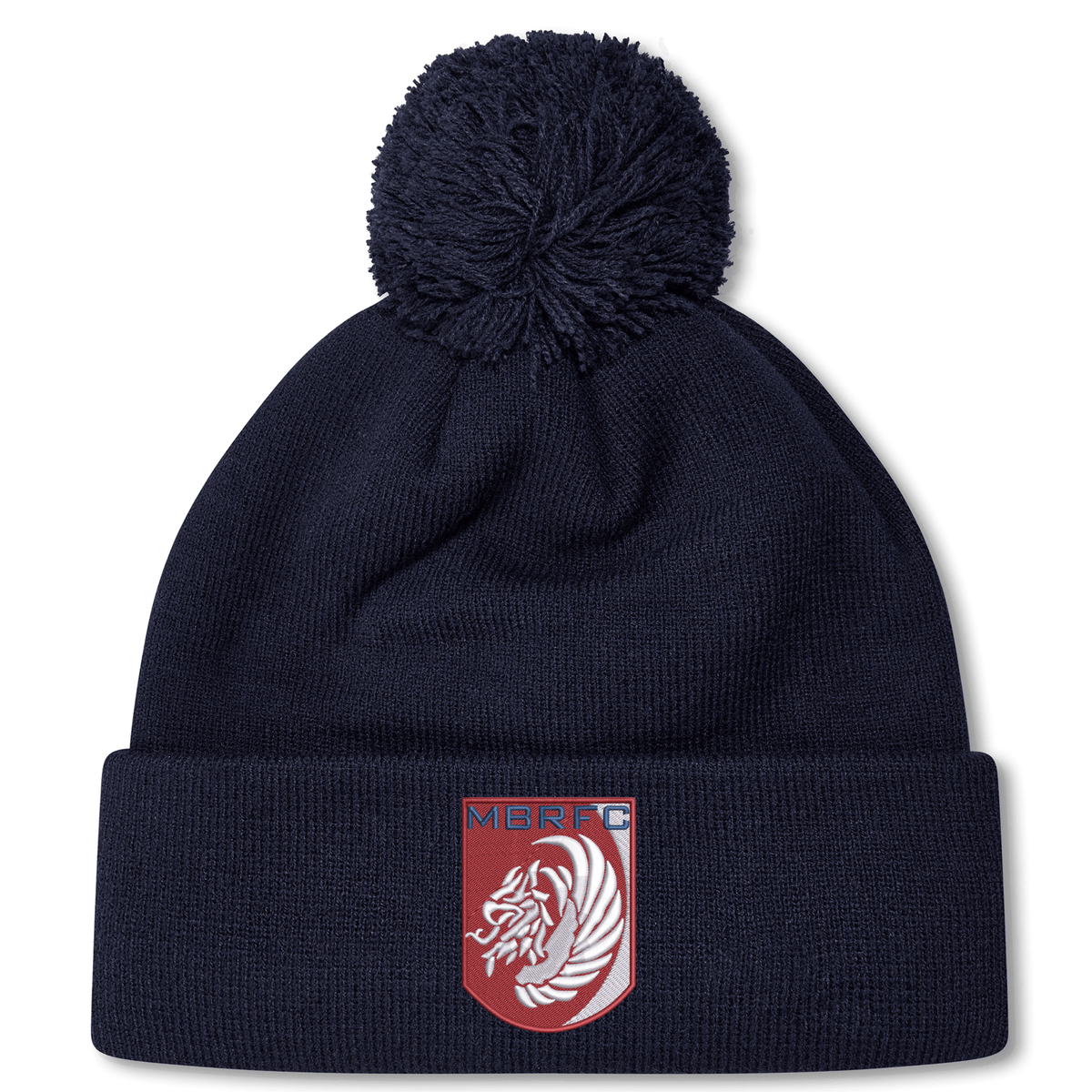 The Montgomery Bucks Griffins Pom Pom Beanie by EMB Canterbury is a navy blue beanie with a pom-pom and features a red crest patch with a white lion and "MBRFC" on the front.