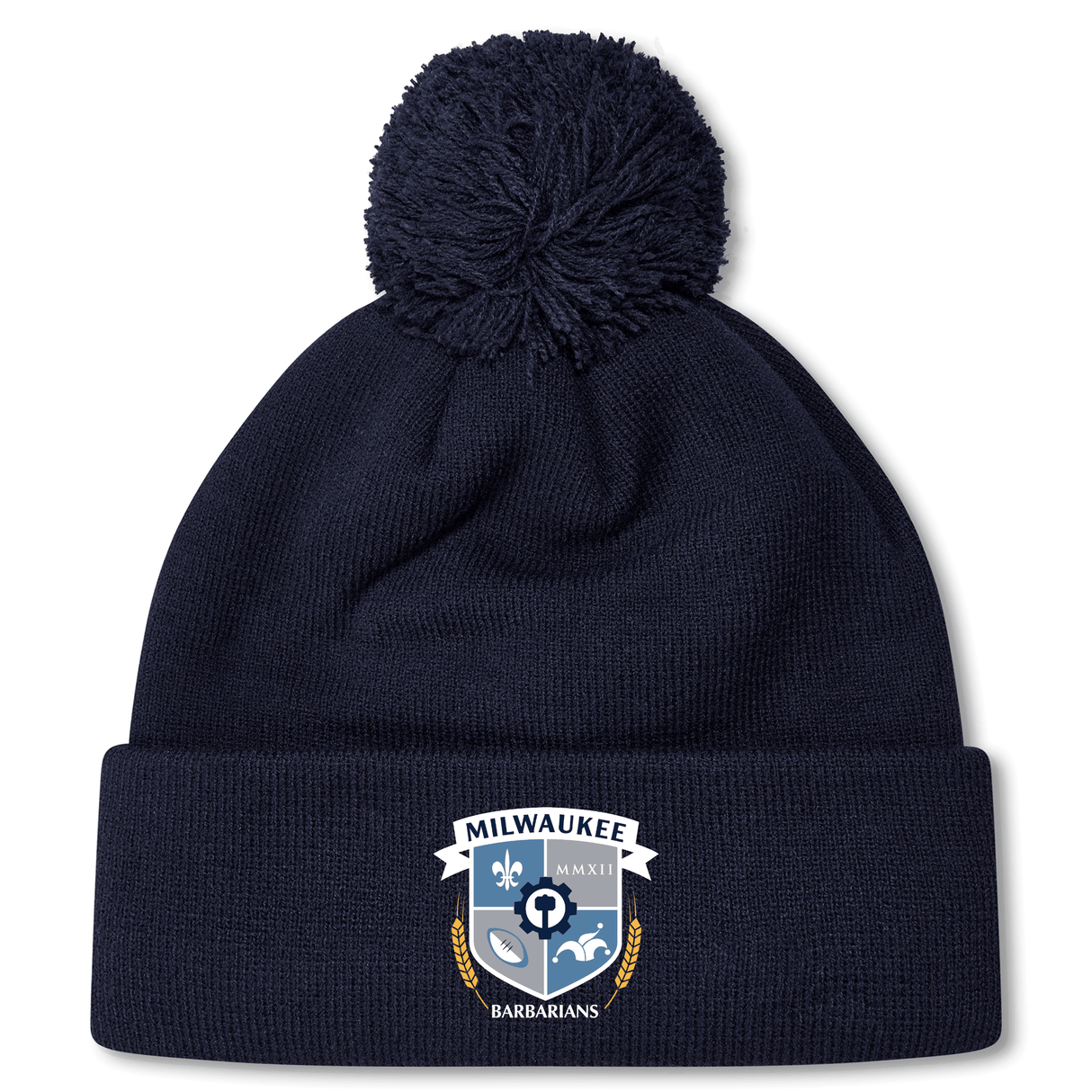 The Milwaukee Barbarians Rugby Pom Pom Beanie by EMB Canterbury is a navy blue rugby beanie with a pom-pom and features a Milwaukee Barbarians logo patch on the front cuff.