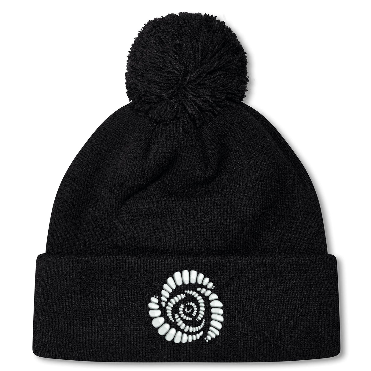 The Missoula All-Maggots Pom Pom Beanie by Canterbury is a black knit hat with a white spiral-patterned design on the front fold and a playful pom-pom on top. This fleece-lined beanie from EMB Canterbury combines warmth and style, making it the perfect choice for chilly days.