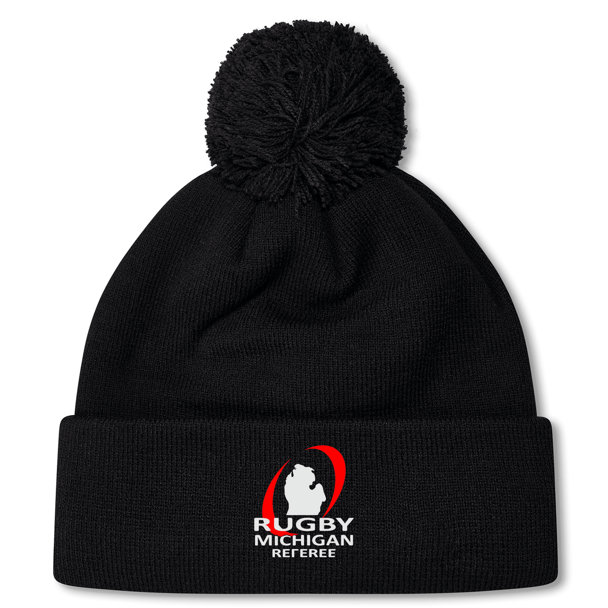 The Rugby Michigan Referee Society Pom Pom Beanie by Canterbury, designed by EMB Canterbury, is a black bobble hat with a pom-pom. It features "Rugby Michigan Referee" text and logo on the front, is fleece-lined for extra warmth, and is ideal for fans of Canterbury Rugby.