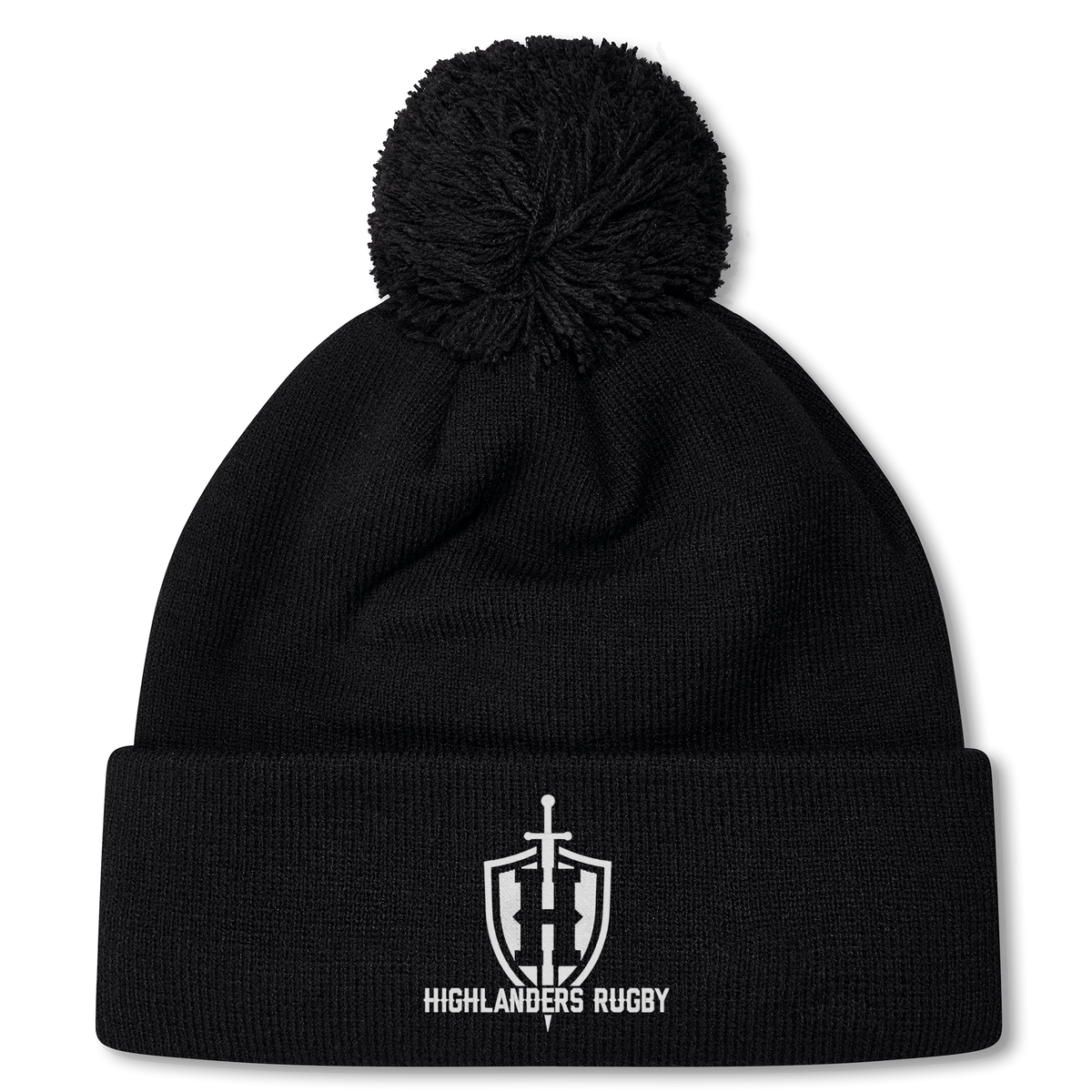 Introducing the Highlanders Rugby NC Pom Pom Beanie by Canterbury from EMB Canterbury: a black fleece-lined beanie featuring a pom-pom on top, the iconic Highlanders Rugby logo, and "Highlanders Rugby" embroidered on the front.