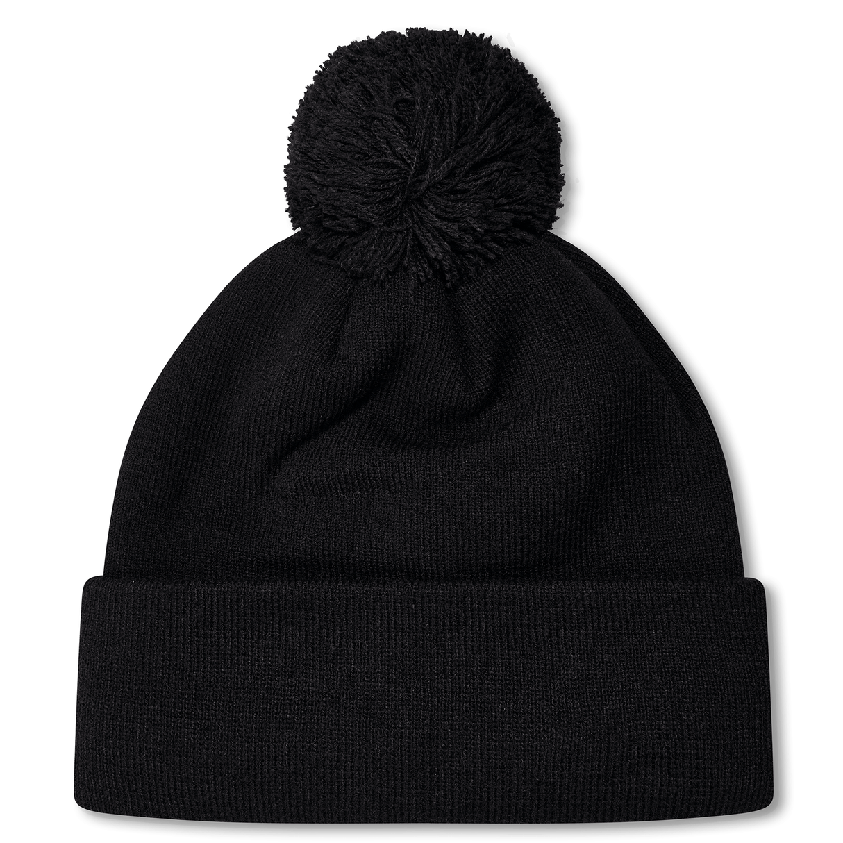 Black knit pompom beanie.