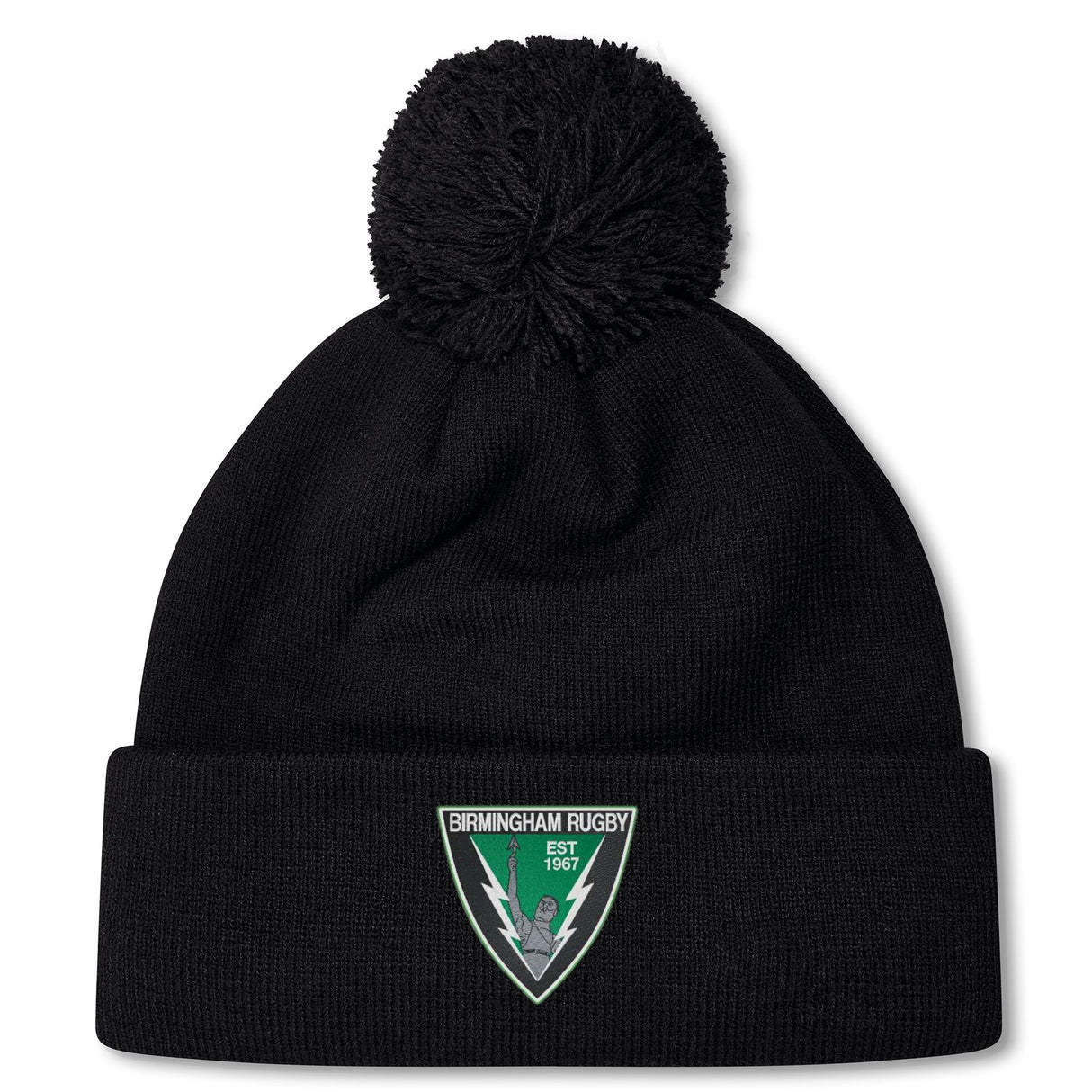 The Birmingham Rugby Pom Pom Beanie by EMB Canterbury is a black knit beanie with a pom-pom, fleece lining for warmth, and features a Birmingham Rugby patch on the front cuff.