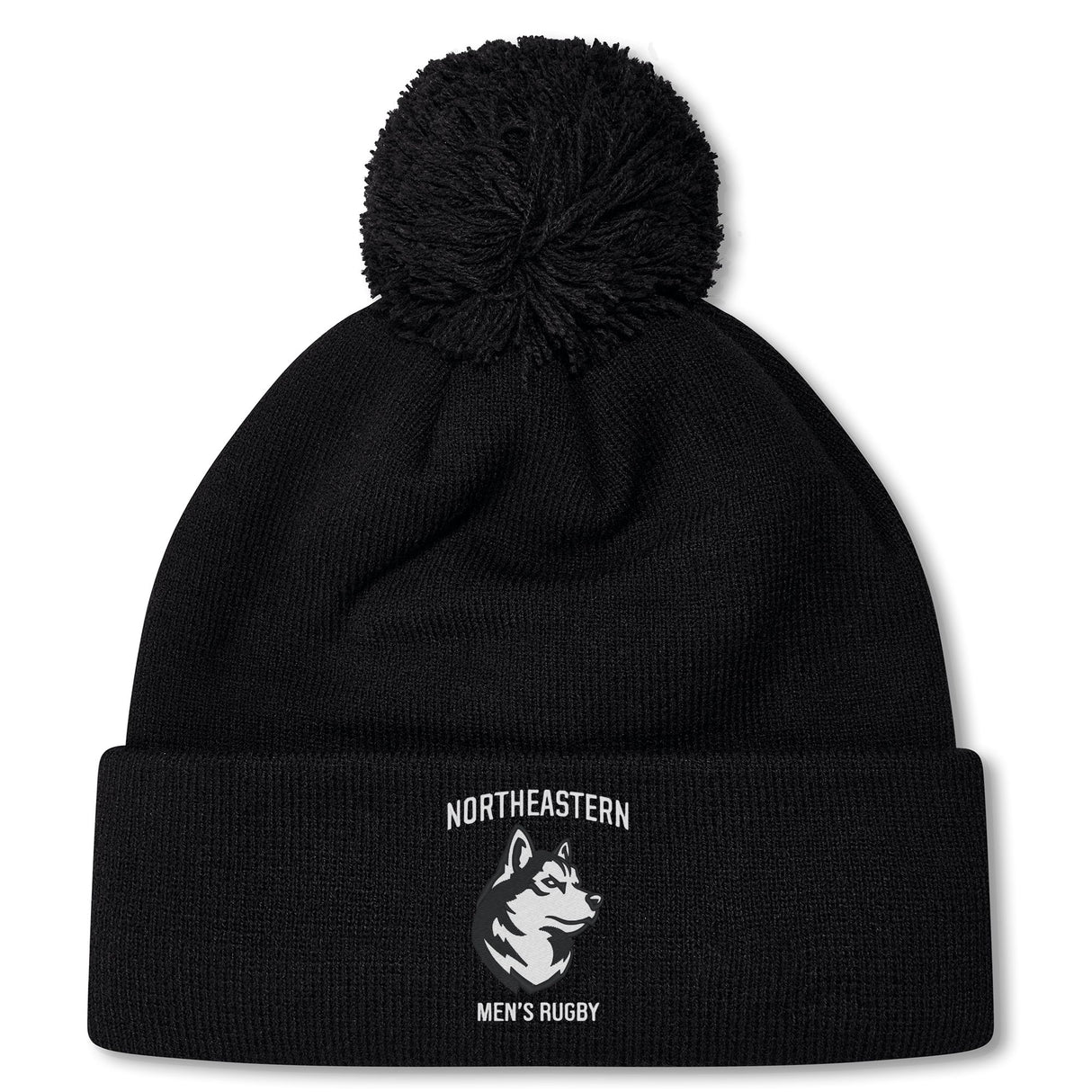 Stay warm in the Northeastern University Men's Rugby Pom Pom Beanie by EMB Canterbury, featuring a husky logo and "NORTHEASTERN MEN'S RUGBY" on the cuff. Cozy fleece lining adds extra warmth.