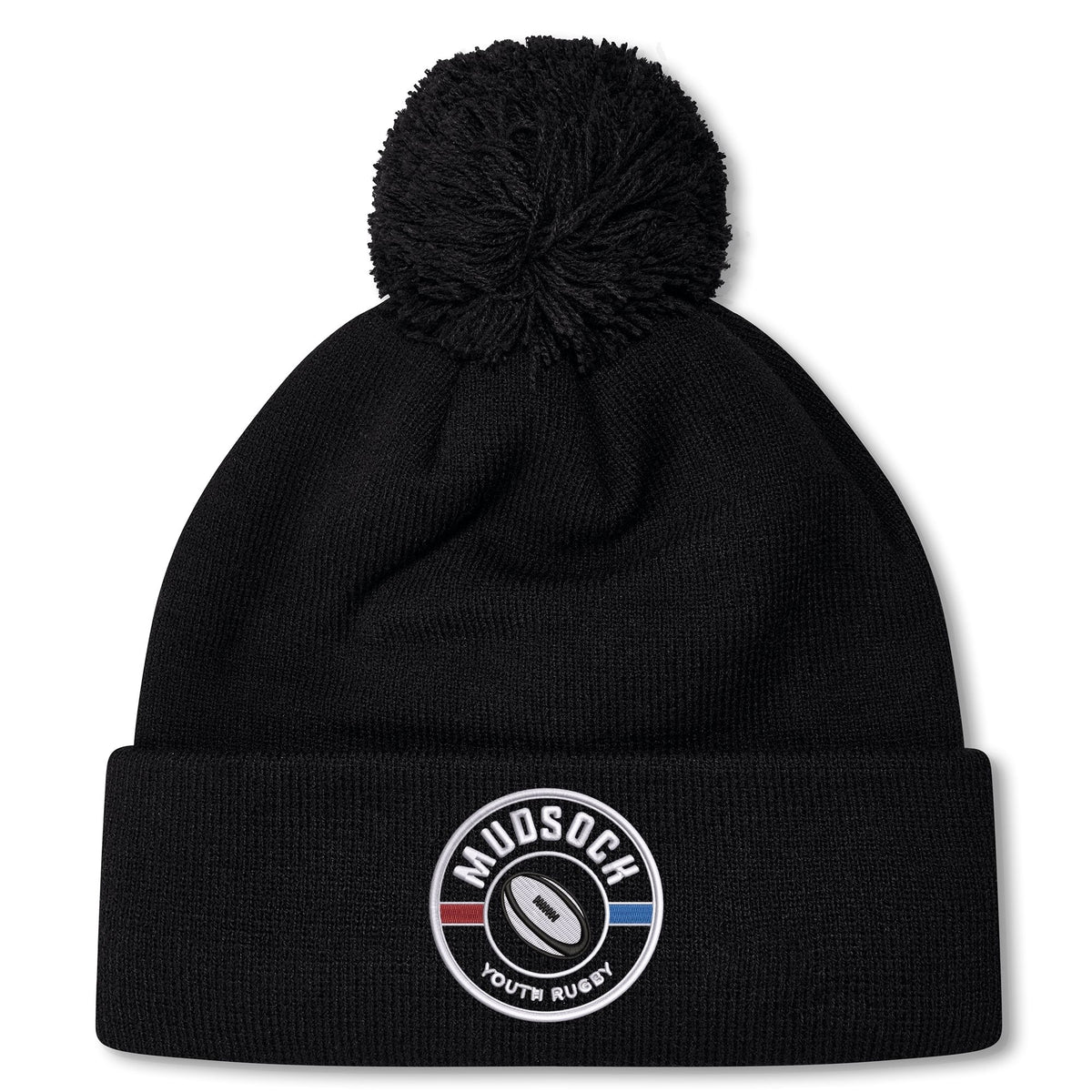 Stay warm in the EMB Canterbury Mudsock Rugby Pom Pom Beanie—a fleece-lined black knit beanie with a classic rugby bobble hat style and front “Mudsock Youth Rugby” patch.