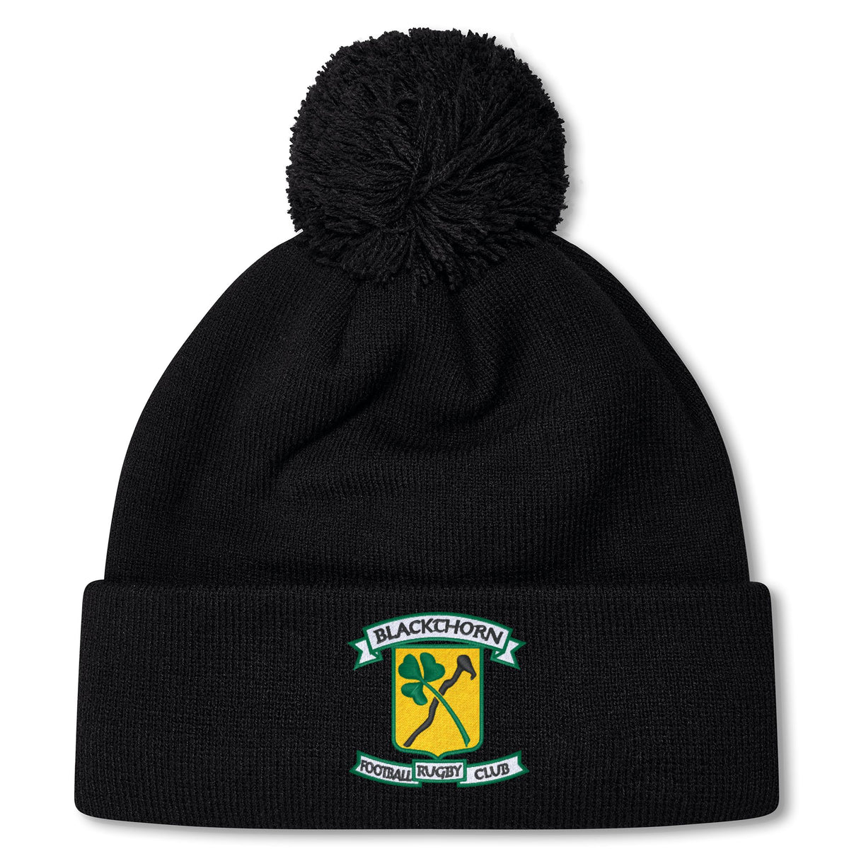 Stay warm with the Blackthorn RFC Pom Pom Beanie by Canterbury. This black fleece-lined hat from EMB Canterbury features a shamrock and axe logo on the cuff—perfect for chilly rugby fans.