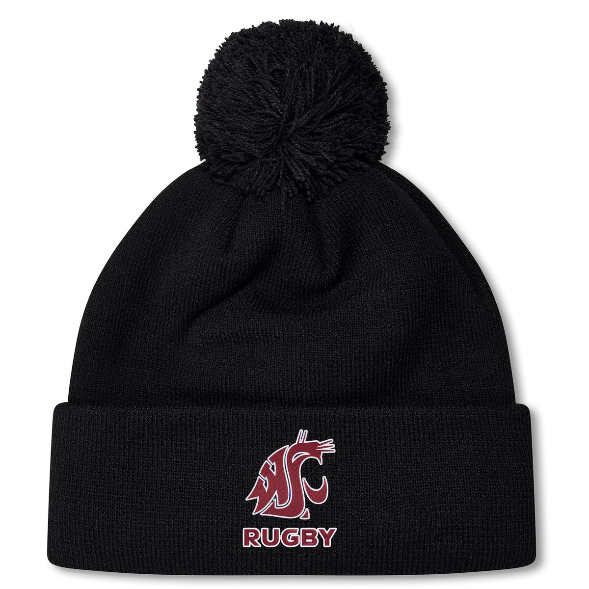 The EMB Canterbury Washington State University Pom Pom Beanie by Canterbury is a black knit fleece-lined hat with a pom-pom, maroon WSU Cougar logo, and "RUGBY" on the cuff.