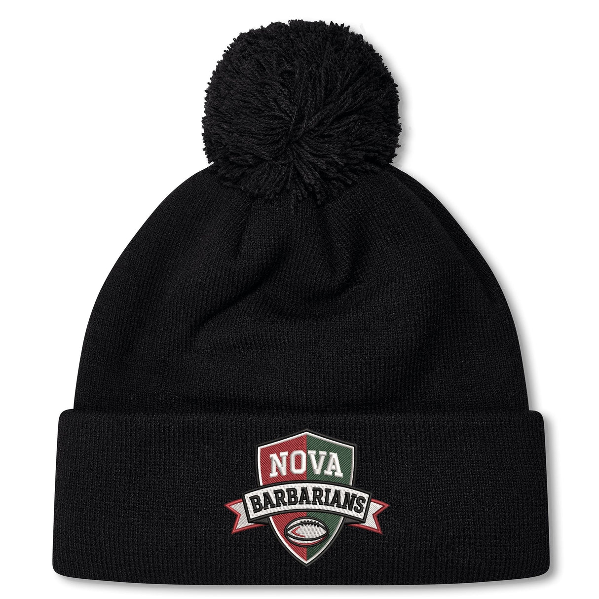 The NOVA Barbarians Pom Pom Beanie by EMB Canterbury is a black fleece-lined hat with a pom-pom and features the "NOVA Barbarians" rugby ball logo on the front cuff.
