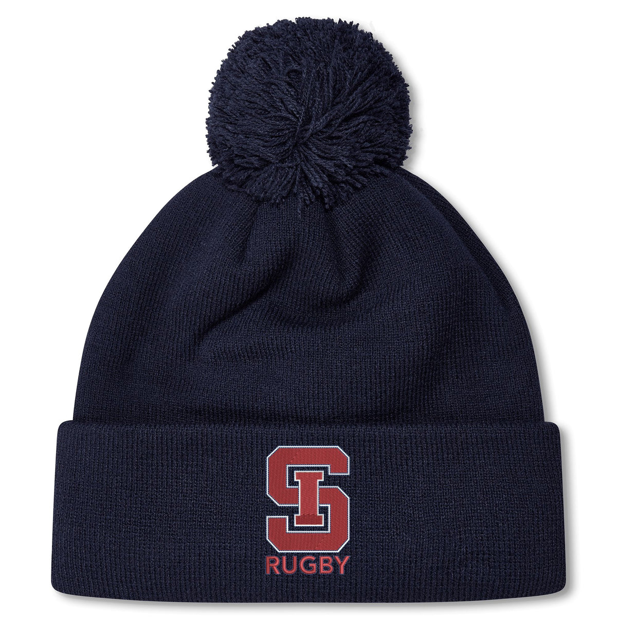 Stay warm in style with the St. Ignatius Rugby Pom Pom Beanie by EMB Canterbury, featuring a navy design, red and white "S" logo, "RUGBY" embroidery on the cuff, soft fleece lining, and playful pom-pom top.