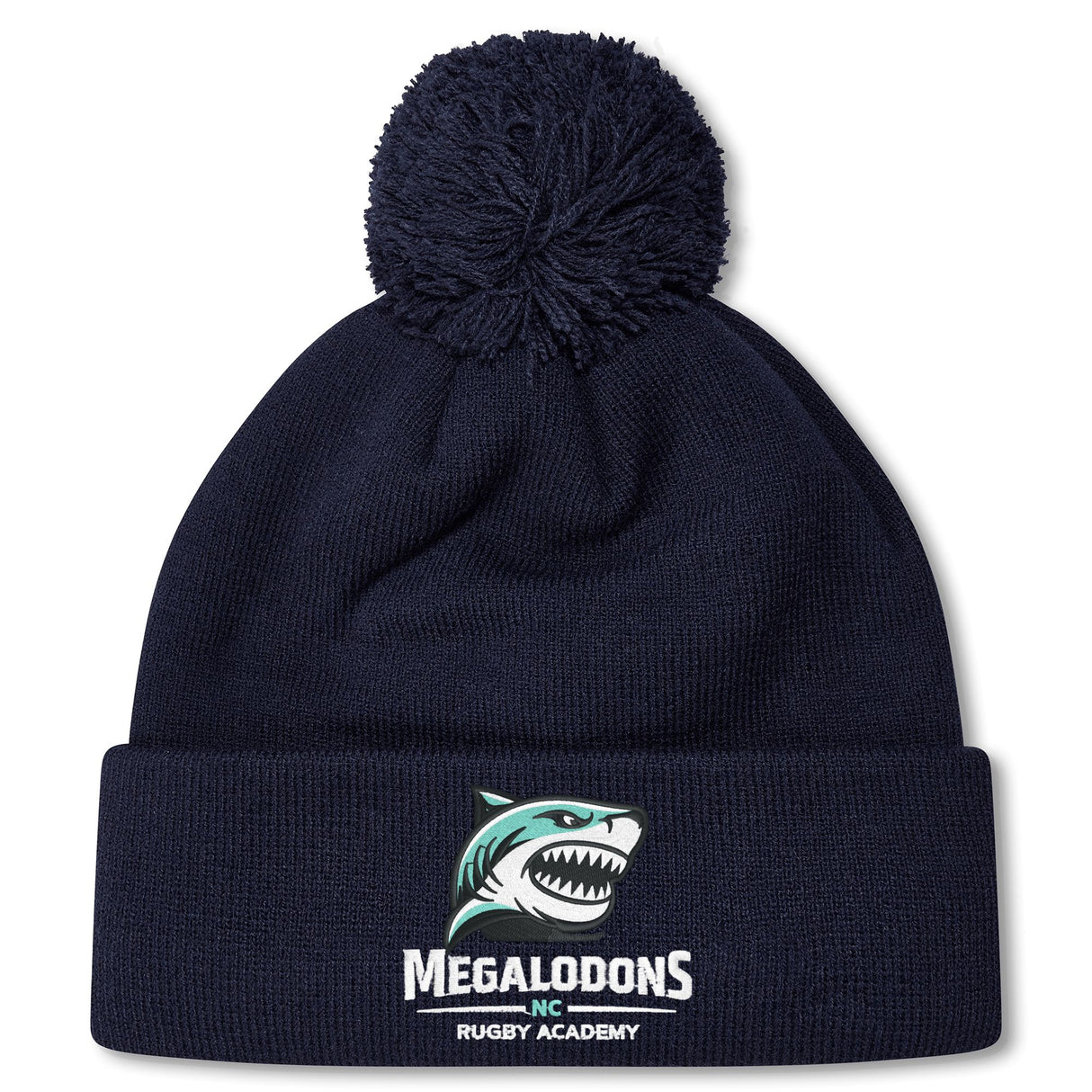 Stay warm with the EMB Canterbury NC Rugby Academy - Megalodons Pom Pom Beanie, a navy fleece-lined hat featuring a pom-pom, embroidered shark logo, and "Megalodons NC Rugby Academy" text on the front.