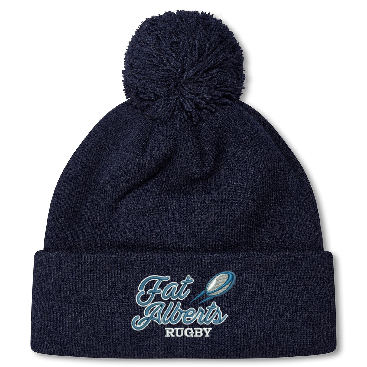Stay warm in the fleece-lined Gulf Coast Fat Alberts Pom Pom Beanie by EMB Canterbury, featuring "Fat Alberts Rugby" and a rugby ball graphic embroidered on the front cuff. Navy blue knit with classic pom-pom for added style.