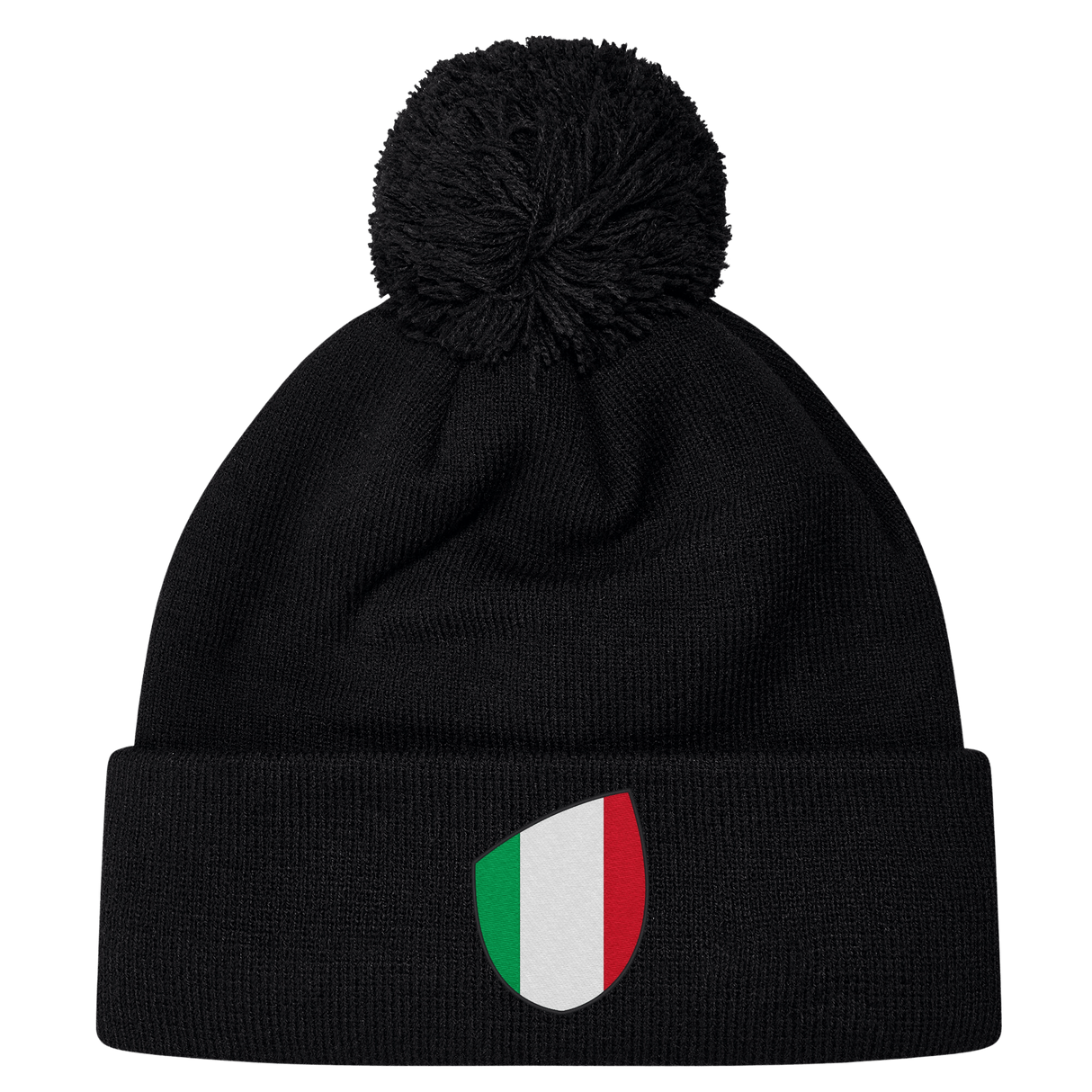 The newly arrived black Italy Shield Pom Pom Beanie by EMB Canterbury features an Italy Shield with vertical green, white, and red stripes.