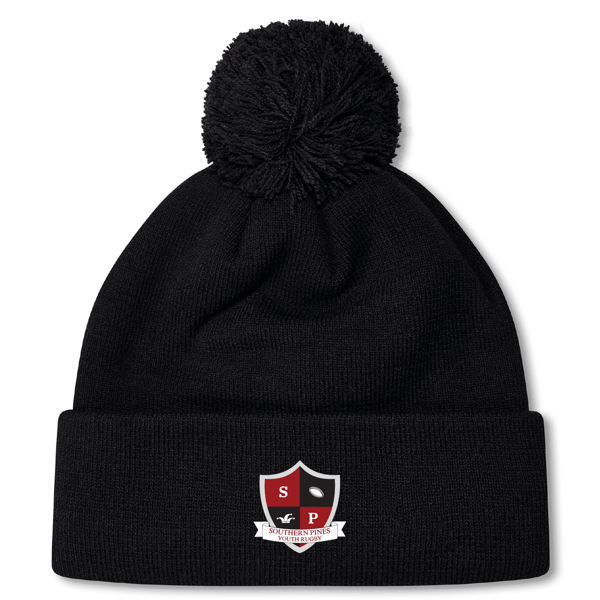 Black fleece-lined bobble hat featuring a pom-pom and the Southern Pines Youth Rugby logo on the brim, by EMB Canterbury.