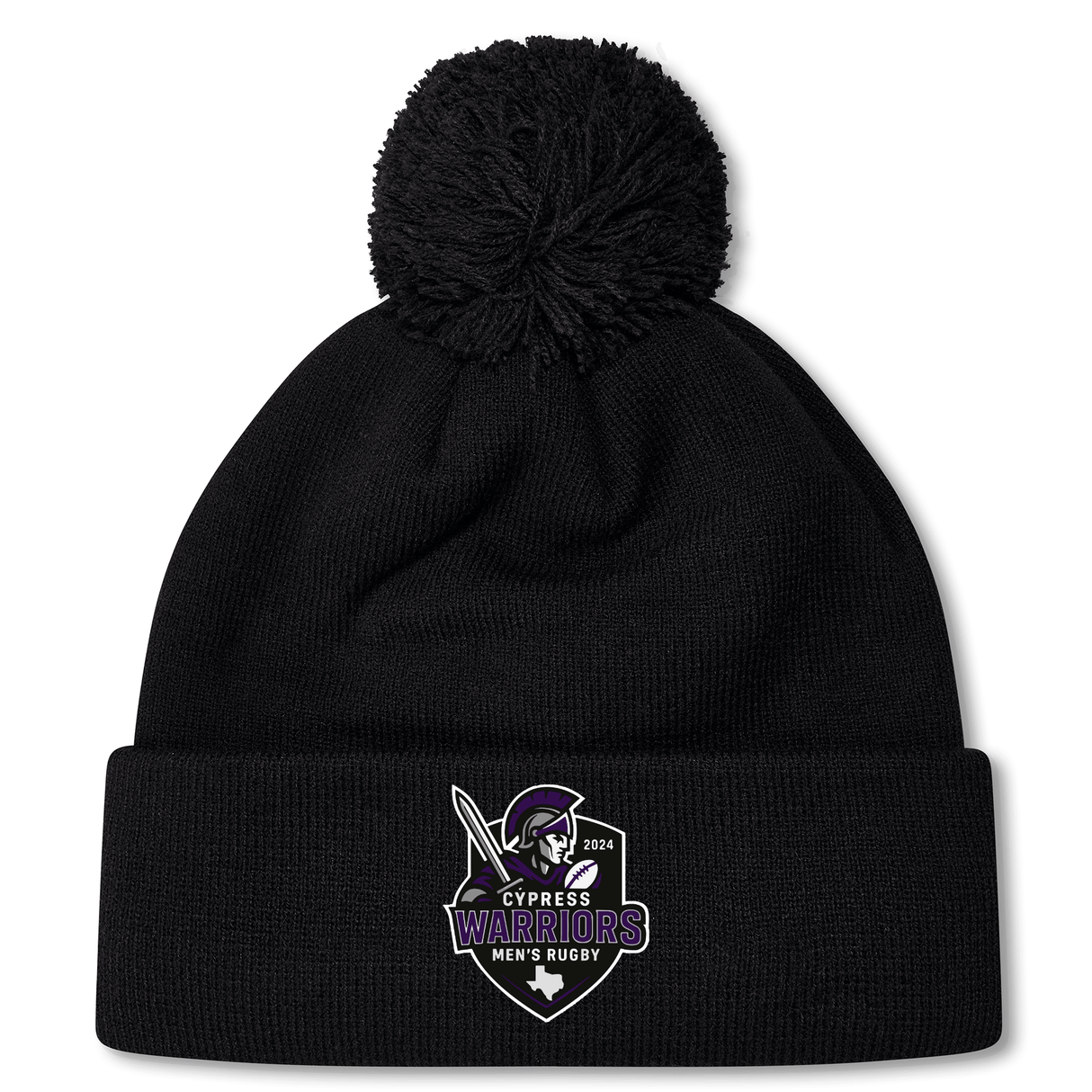 Stay warm at chilly matches with the Cypress Warriors Men's Rugby Pom Pom Beanie by EMB Canterbury, featuring a fun pom-pom on top and a "Cypress Warriors Men's Rugby 2024" logo on the front cuff. Perfect for team spirit!.