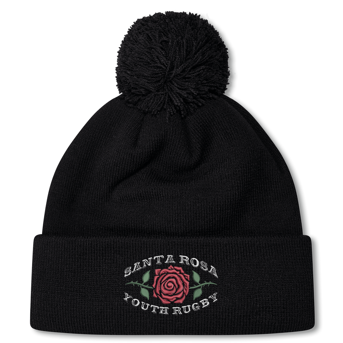 The Santa Rosa Youth Rugby Pom Pom Beanie by EMB Canterbury is a black knit rugby beanie with a pom-pom on top, featuring a rose graphic and “Santa Rosa Youth Rugby” embroidered on the front.