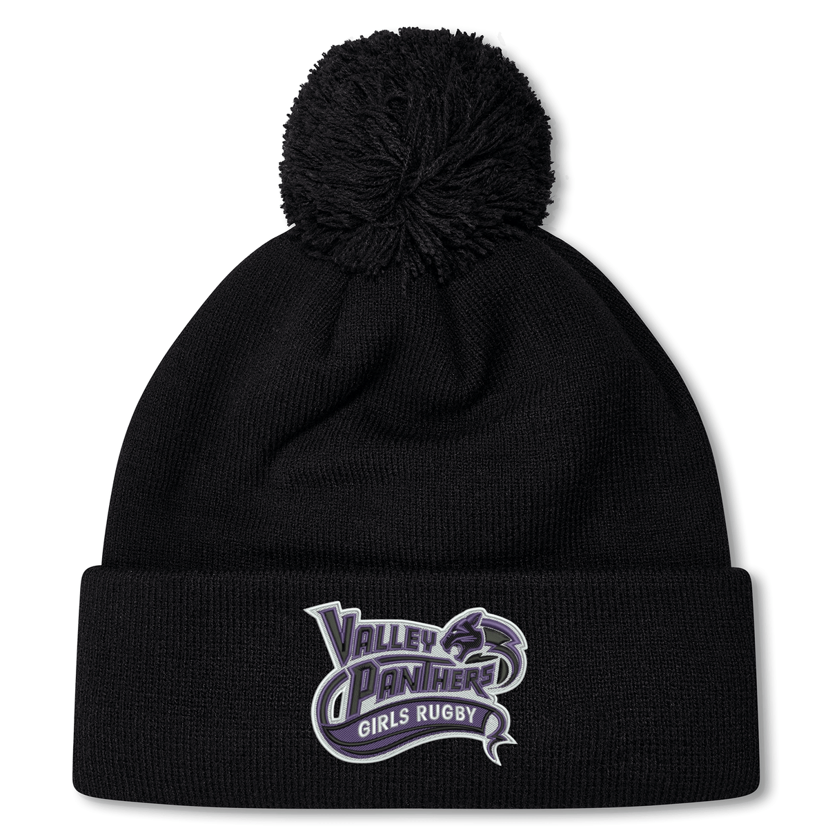 Stay warm and display your team pride with the Valley Panthers Girls Rugby Pom Pom Beanie by Canterbury. This black knit beanie from EMB Canterbury features a cozy pom-pom on top and showcases the bold purple and white “Valley Panthers Girls Rugby” logo on the front fold—perfect for any rugby enthusiast.