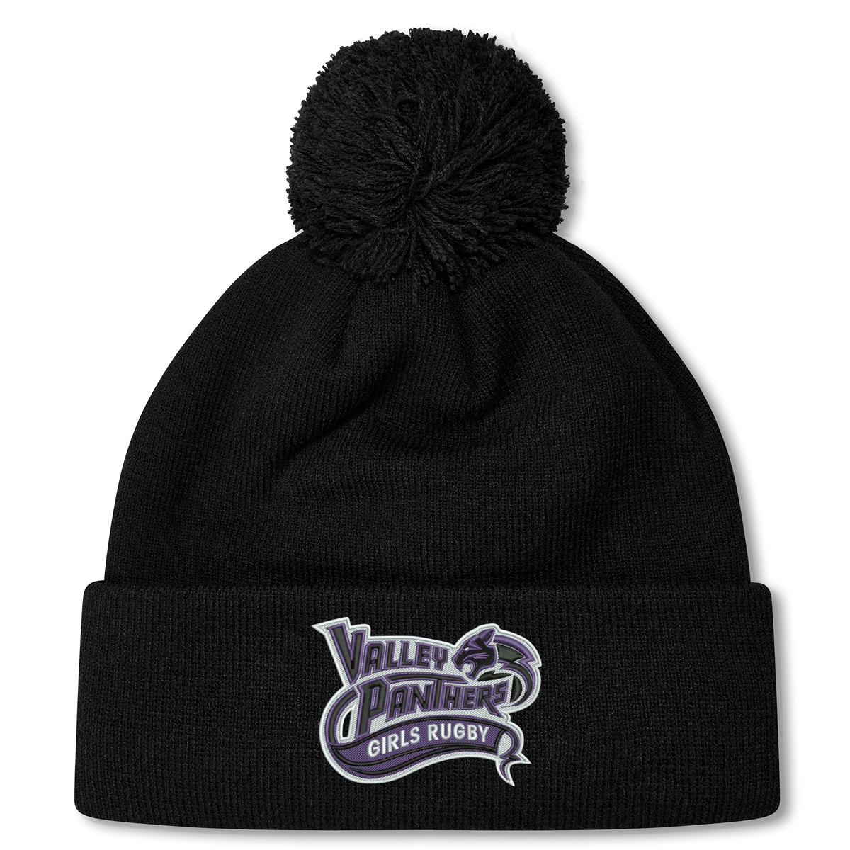 Stay warm and display your team pride with the Valley Panthers Girls Rugby Pom Pom Beanie by Canterbury. This black knit beanie from EMB Canterbury features a cozy pom-pom on top and showcases the bold purple and white “Valley Panthers Girls Rugby” logo on the front fold—perfect for any rugby enthusiast.