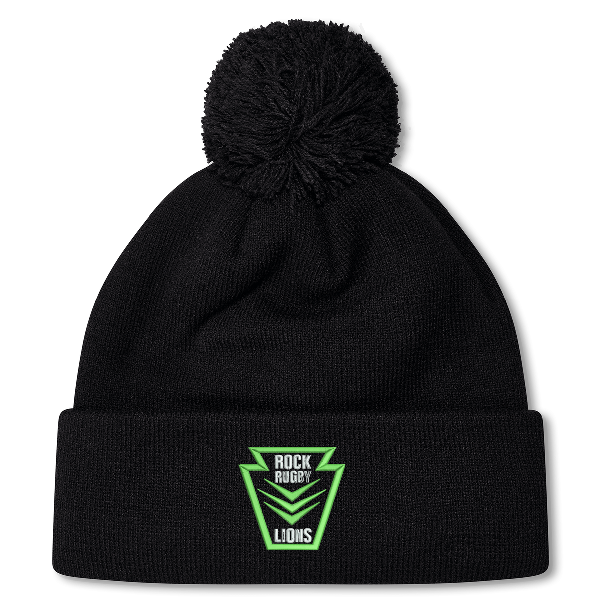 Black Rock Rugby Pom Pom Beanie by Canterbury with a matching pom-pom and a green “ROCK RUGBY LIONS” patch on the front.