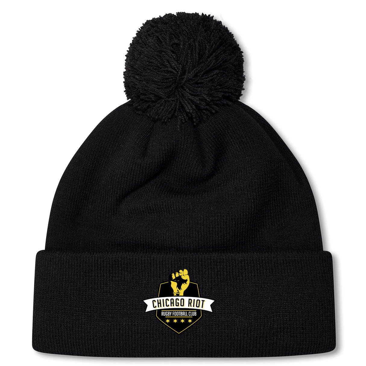 Stay warm in style with the Chicago Riot Pom Pom Beanie by EMB Canterbury, featuring a fleece lining and a gold and white "Chicago Riot Rugby Football Club" logo embroidered on the front. Perfect for sporty winter outfits.