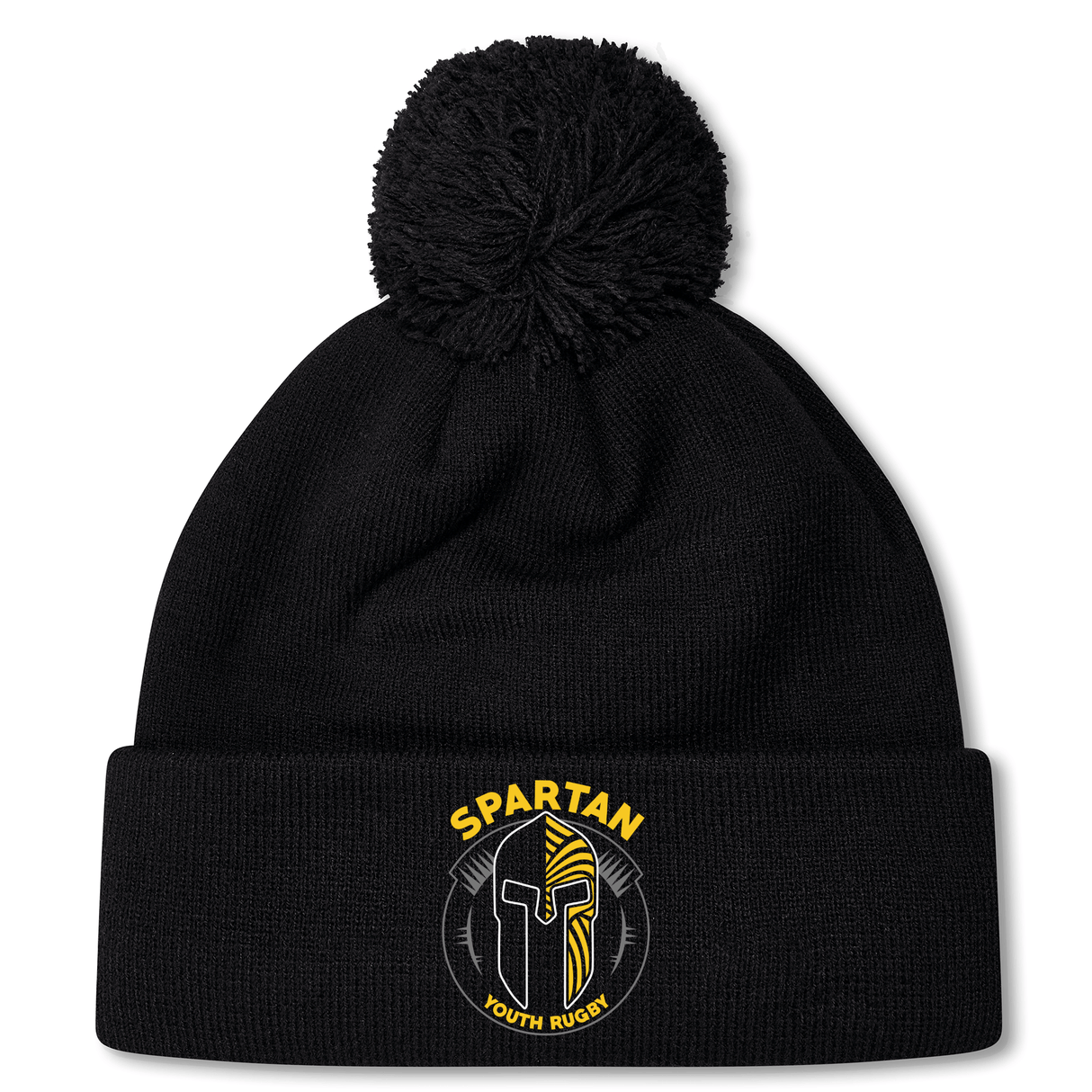 The Spartan Youth Rugby Pom Pom Beanie by EMB Canterbury features a black design with a pom-pom, fleece lining, and a Spartan helmet logo on the cuff—perfect for keeping rugby fans warm and stylish.