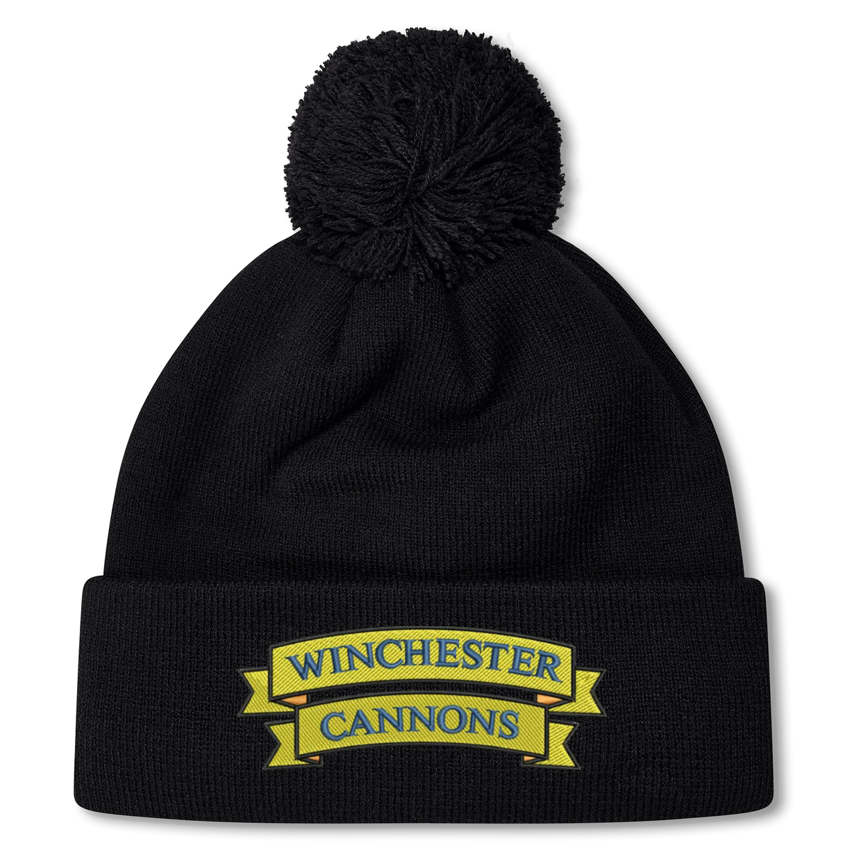 Show your team spirit with the Winchester Cannons Pom Pom Beanie by Canterbury—this black beanie from EMB Canterbury features a fluffy pom on top and an embroidered yellow and blue "WINCHESTER CANNONS" front banner.
