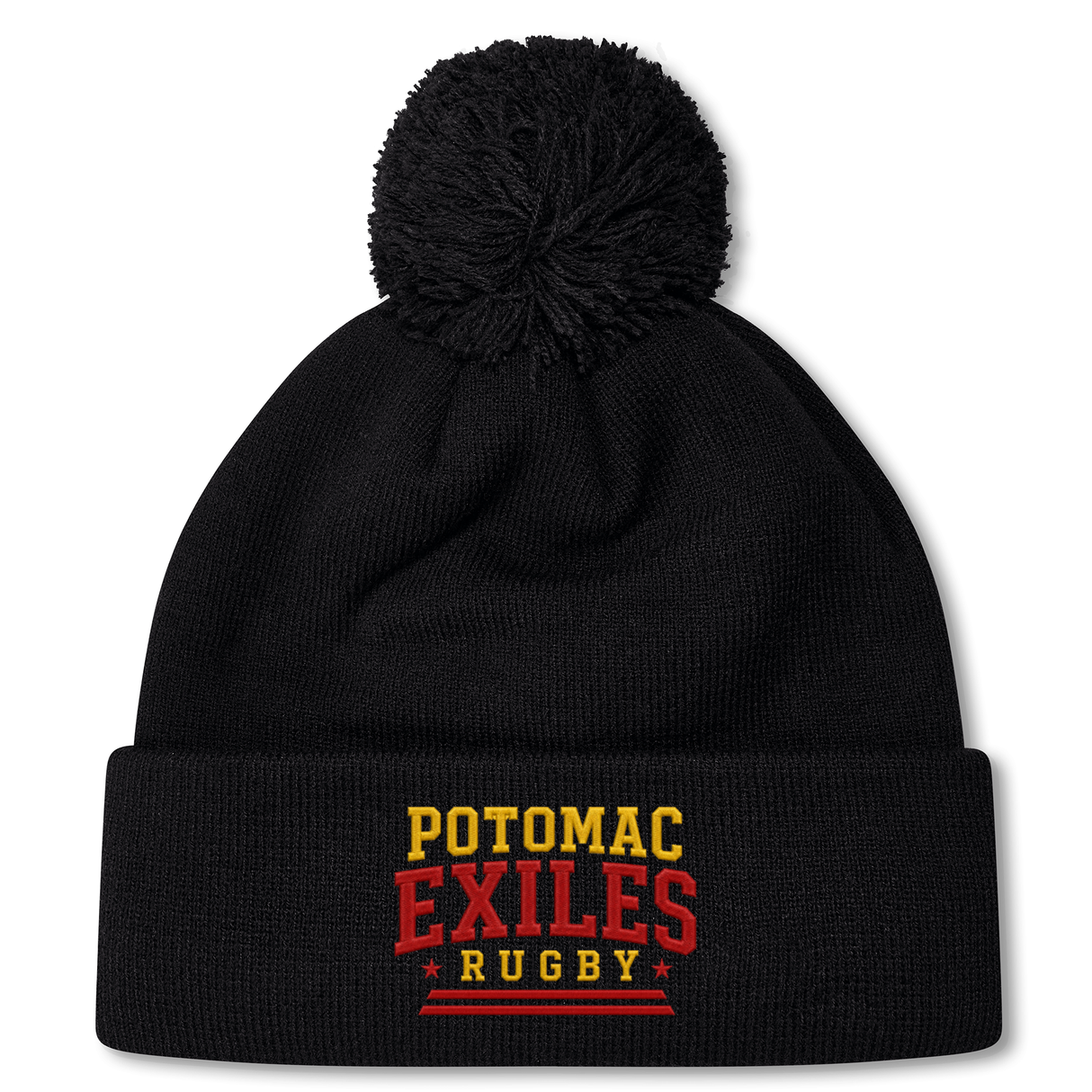 Stay warm and show your team spirit with the Potomac Exiles Rugby Club Pom Pom Beanie by EMB Canterbury. This cozy black knit hat features a pom-pom on top and "Potomac Exiles Rugby" beautifully embroidered in yellow and red on the folded brim, making it the perfect accessory for any rugby fan.