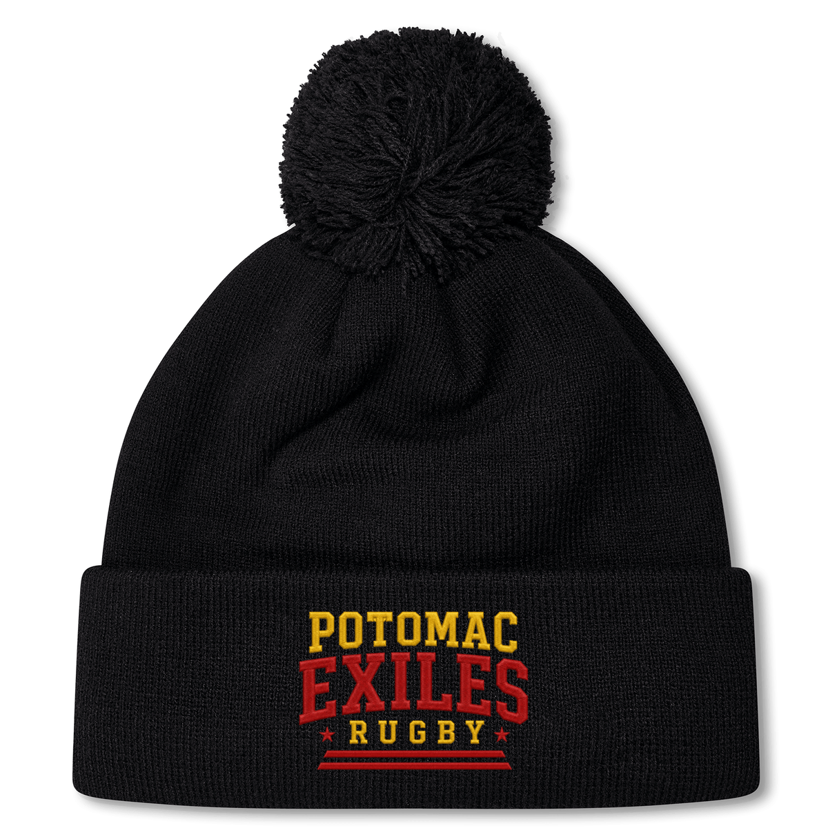 Stay warm and show your team spirit with the Potomac Exiles Rugby Club Pom Pom Beanie by EMB Canterbury. This cozy black knit hat features a pom-pom on top and "Potomac Exiles Rugby" beautifully embroidered in yellow and red on the folded brim, making it the perfect accessory for any rugby fan.