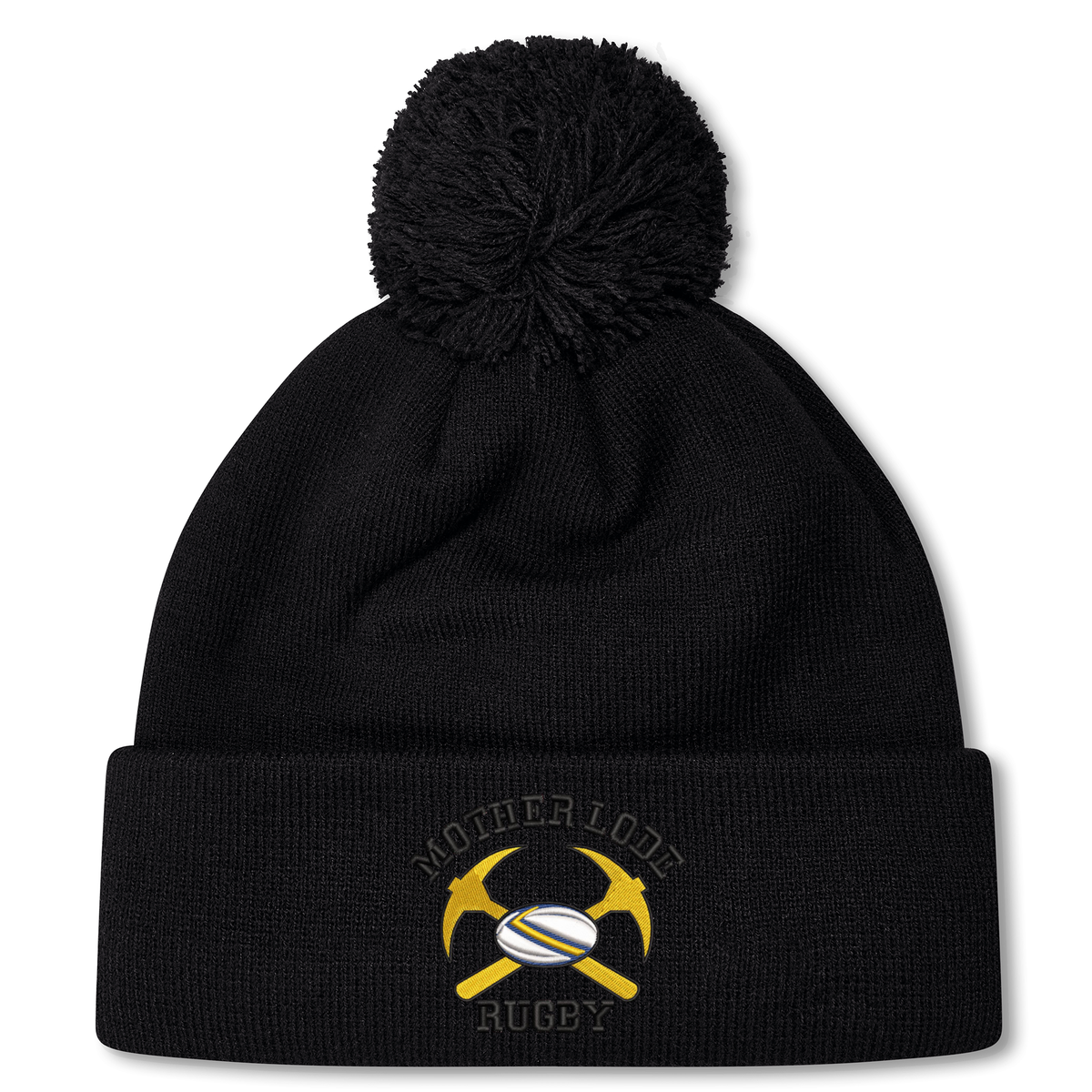 Mother Lode Pom Pom Beanie by Canterbury in black, featuring a pom-pom and an embroidered emblem of crossed yellow pickaxes and a rugby ball.