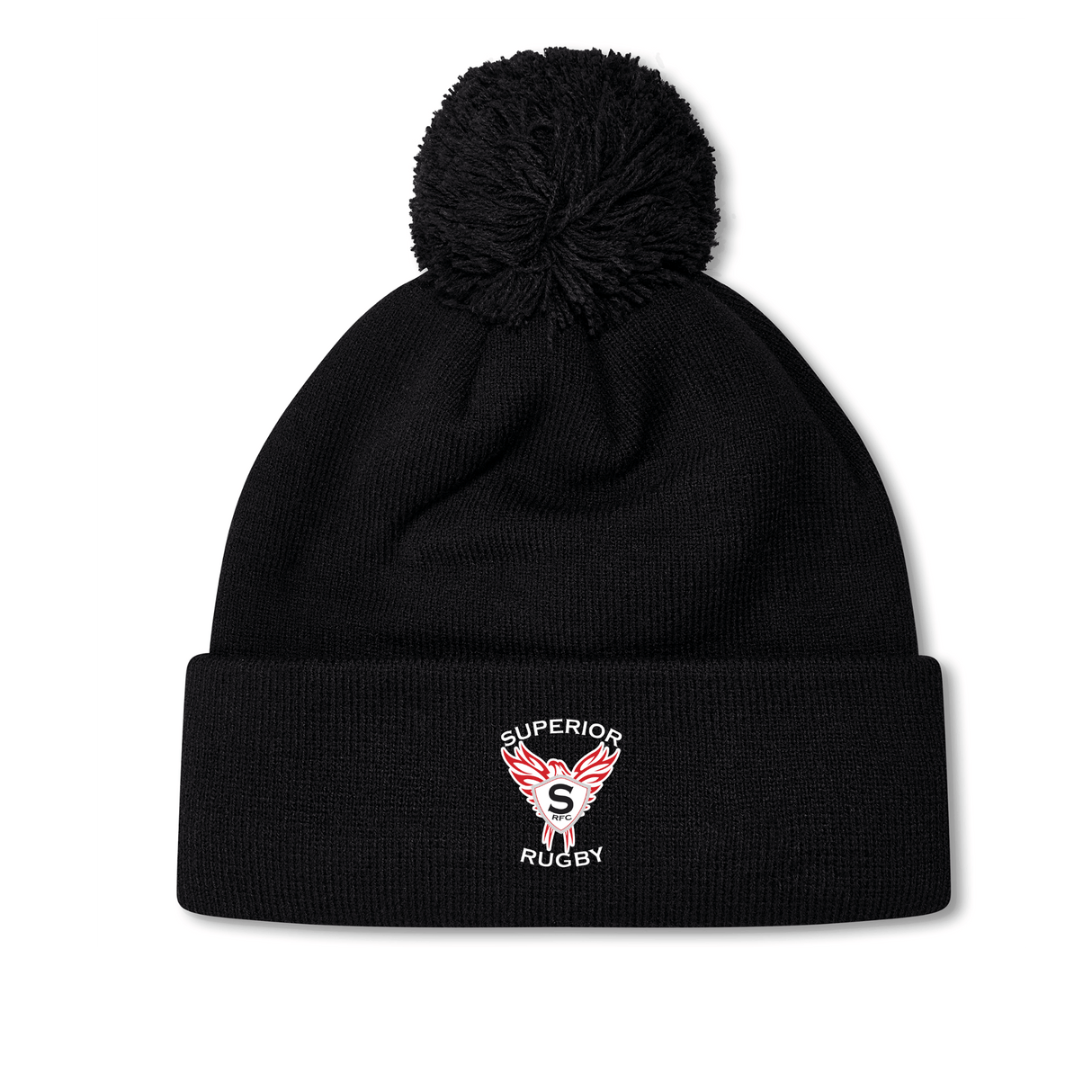 The Superior Rugby Club Pom Pom Beanie by EMB Canterbury is a black knit hat with a top pom-pom and an embroidered "Superior Rugby" wings logo on the folded cuff.