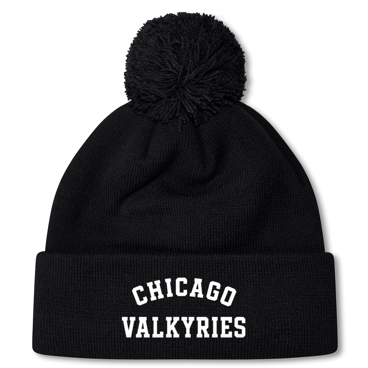 The Chicago Valkyries Pom Pom Beanie by EMB Canterbury is a black knit hat featuring a classic pom-pom on top and "CHICAGO VALKYRIES" embroidered in bold white capital letters on the folded brim. This Canterbury rugby bobble hat is perfect for staying warm at matches or around town.