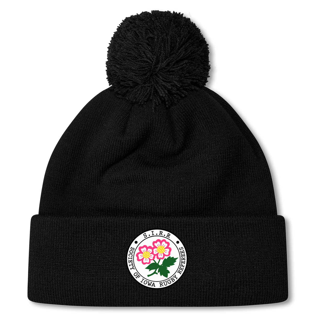 Stay warm and show your support with the Society of Iowa Rugby Referees Pom Pom Beanie by EMB Canterbury. This cozy black knit beanie features a fleece lining, a fun pom-pom on top, and a circular patch decorated with pink flowers and the text “Society of Iowa Rugby Referees.” Perfect for chilly days on the sidelines!.