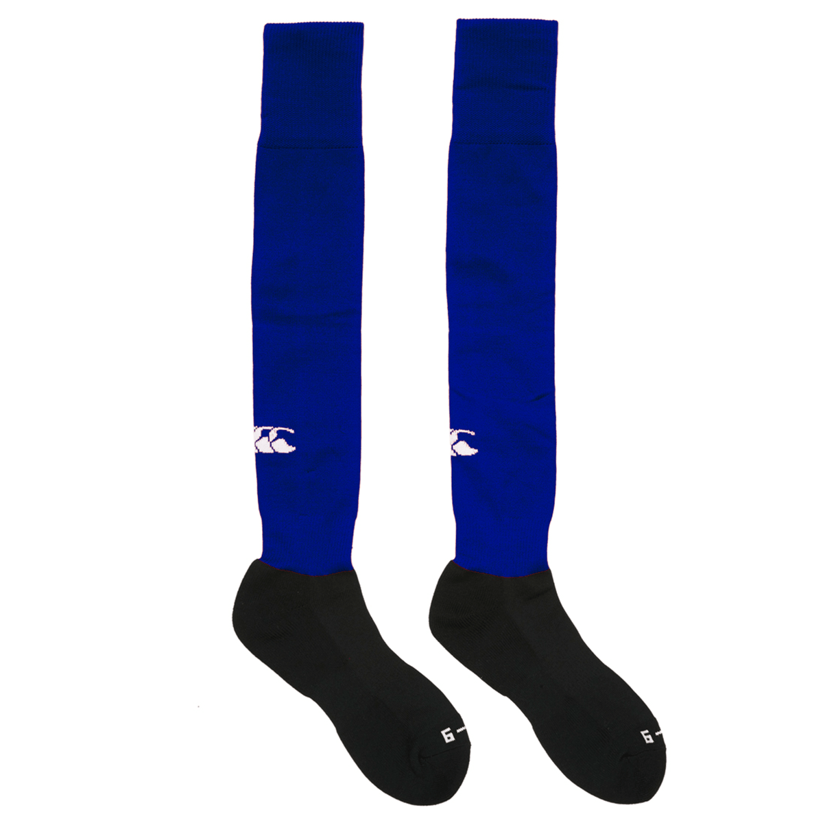 A pair of knee-high socks with blue uppers and black feet, each featuring a white logo—ideal as part of the OMBAC U18 Training bundle by Bundle, perfect for rugby training or your Rugby Club kit.