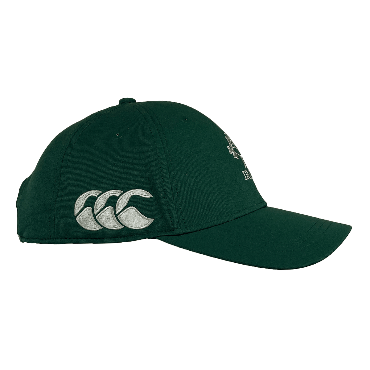 The Ireland 25/26 Tech Logo Cap by Canterbury is a dark green adjustable sports cap with a curved brim, featuring Canterbury's white Ireland tech logo of three overlapping arcs on the side.