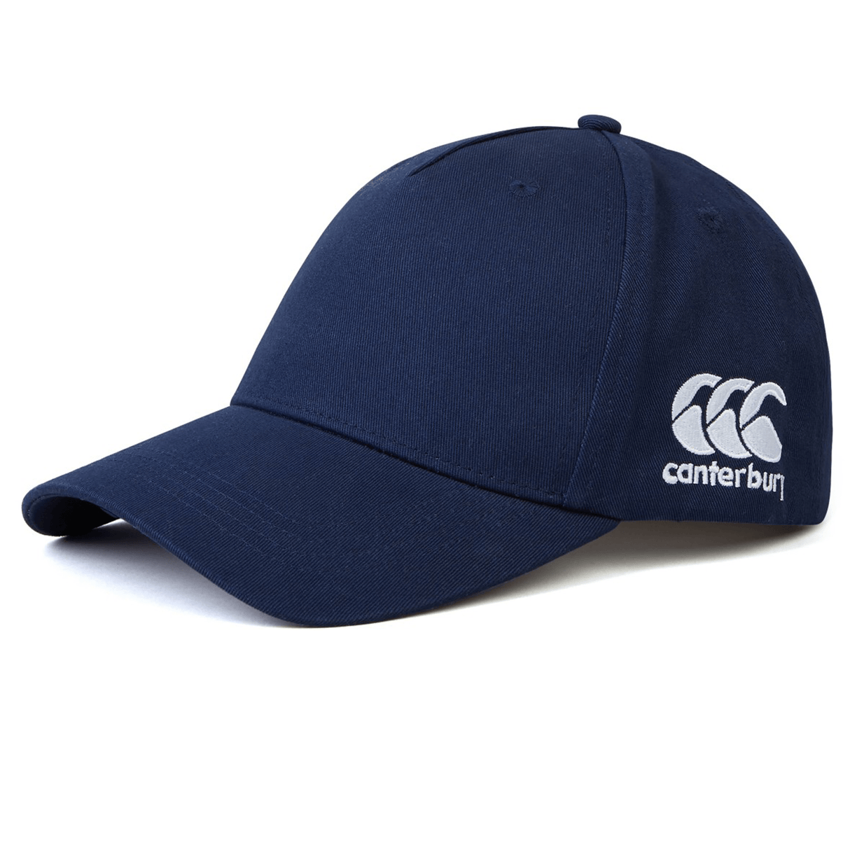 A navy blue Canterbury Flexfit Drill Cap with the logo embroidered in white on the side, featuring a comfortable flex fit.