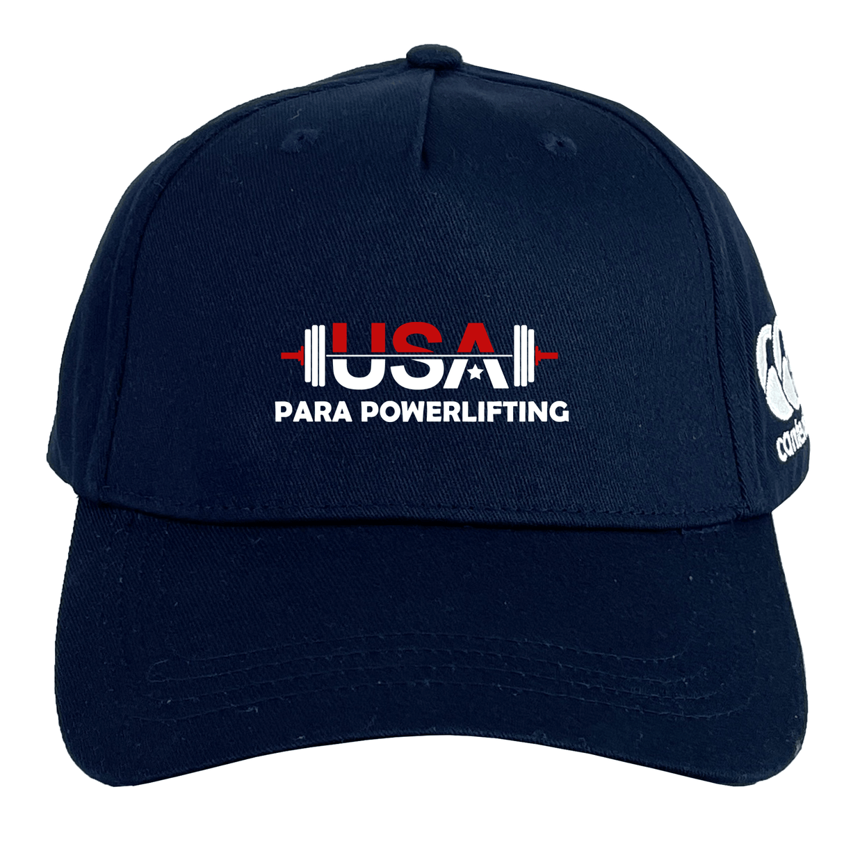 The USA Para Powerlifting Flexfit Drill Cap by EMB Canterbury features a navy blue design with a barbell graphic and "USA Para Powerlifting" on the front, plus a white logo on the side.