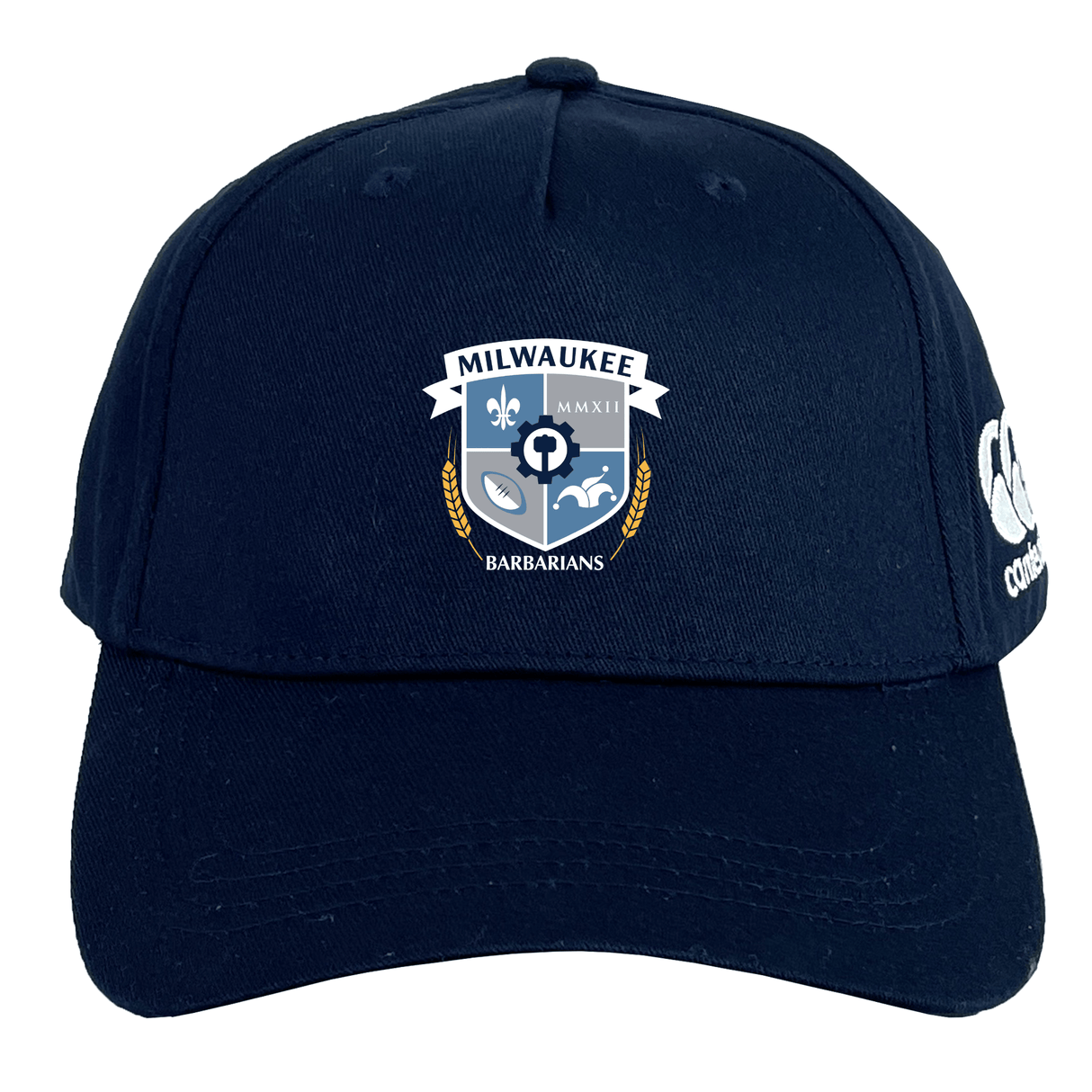 The Milwaukee Barbarians Rugby Flexfit Drill Cap by EMB Canterbury features a navy blue design, the Barbarians crest on the front, a white CCC logo on the side, and a stylish curved brim.