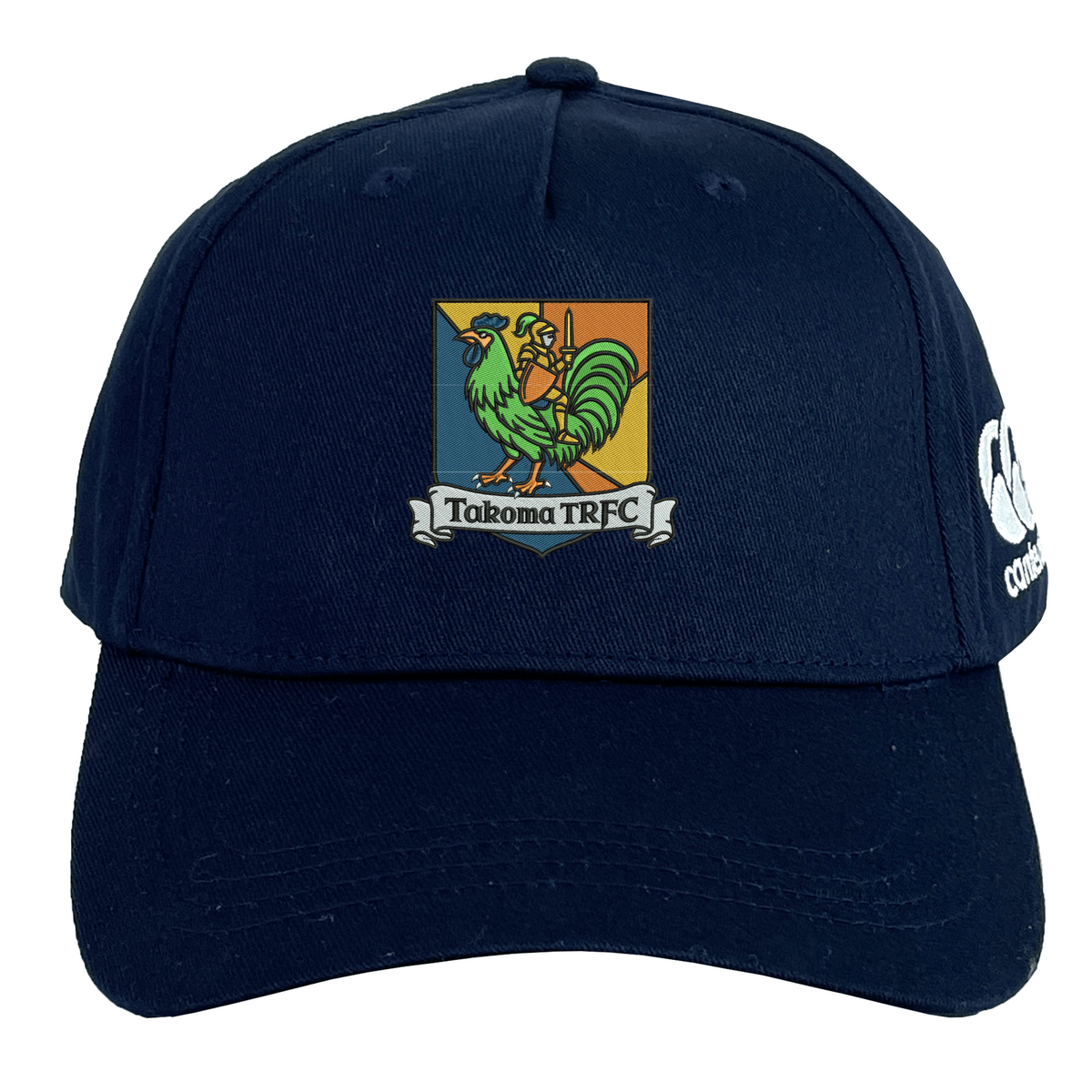 Navy flexfit Takoma Touch Rugby Flexfit Drill Cap featuring a shield crest with a green rooster knight and the text “Takoma TRFC.”