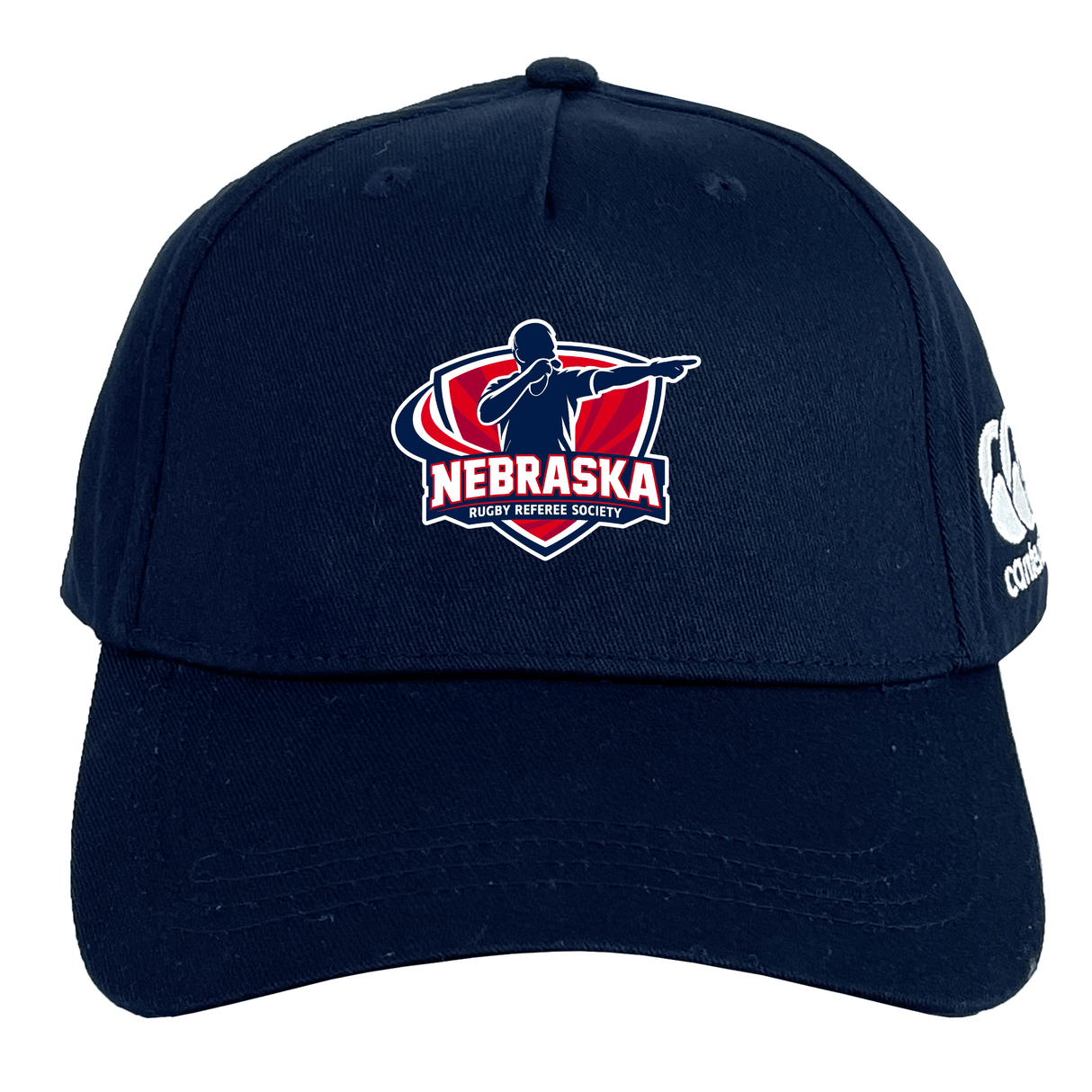 The Nebraska Rugby Referee Society Flexfit Drill Cap by EMB Canterbury features the society logo on the front, a white CCC logo on the side, and a curved brim for a timeless look.