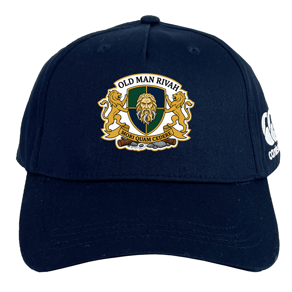 The Old Man Rivah Rugby Flexfit Drill Cap by EMB Canterbury is a navy curved brim cap with a lions crest, "OLD MAN RIVAH" and "MORI QUAM CEDERE" on the front, and a white CCC logo on the left side.